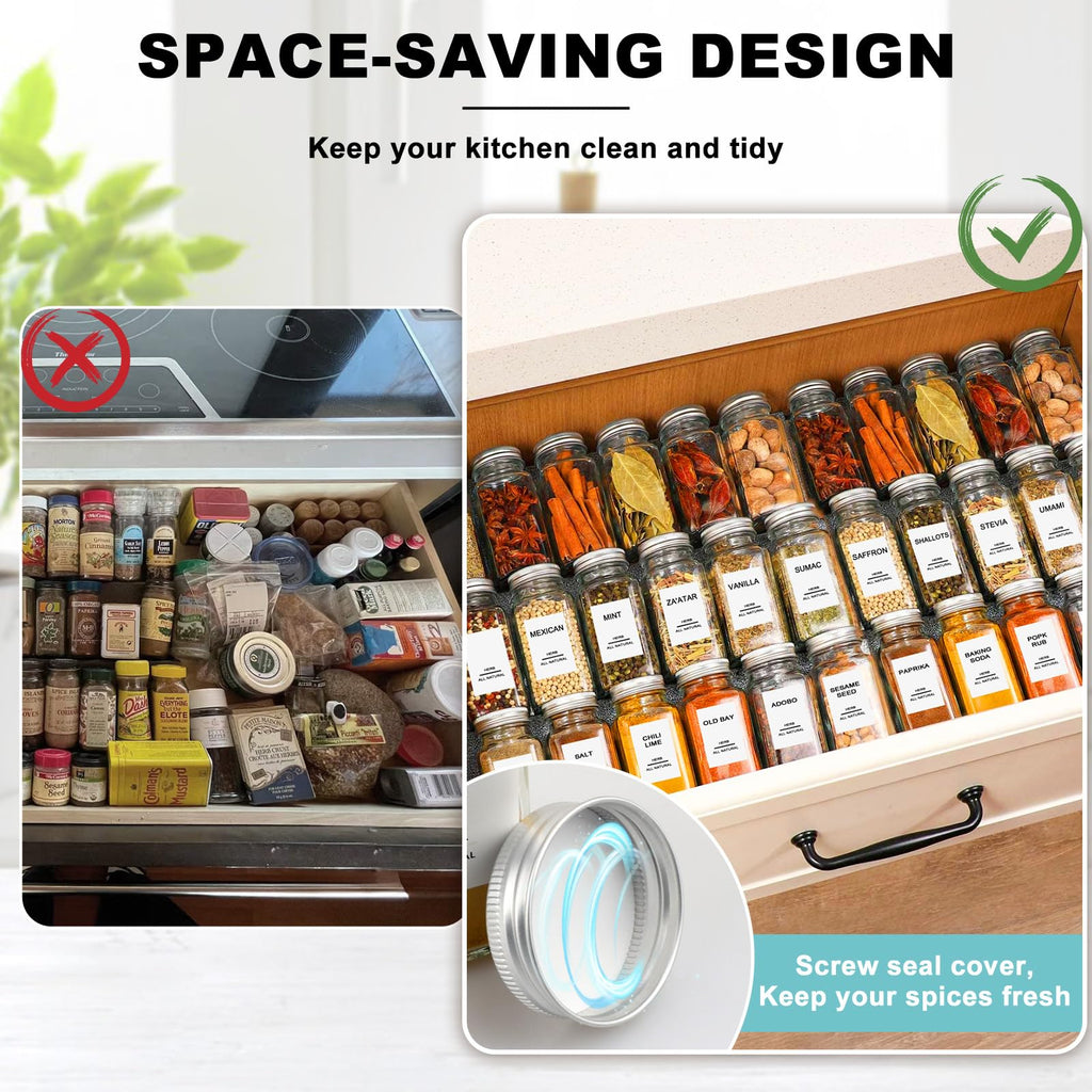 AISIPRIN 24 Pcs Glass Spice Jars with Labels, 4oz Small Empty Square Seasoning Containers Bottles - Shaker Lids, Funnel, Brush,469 Labels and Marker Included