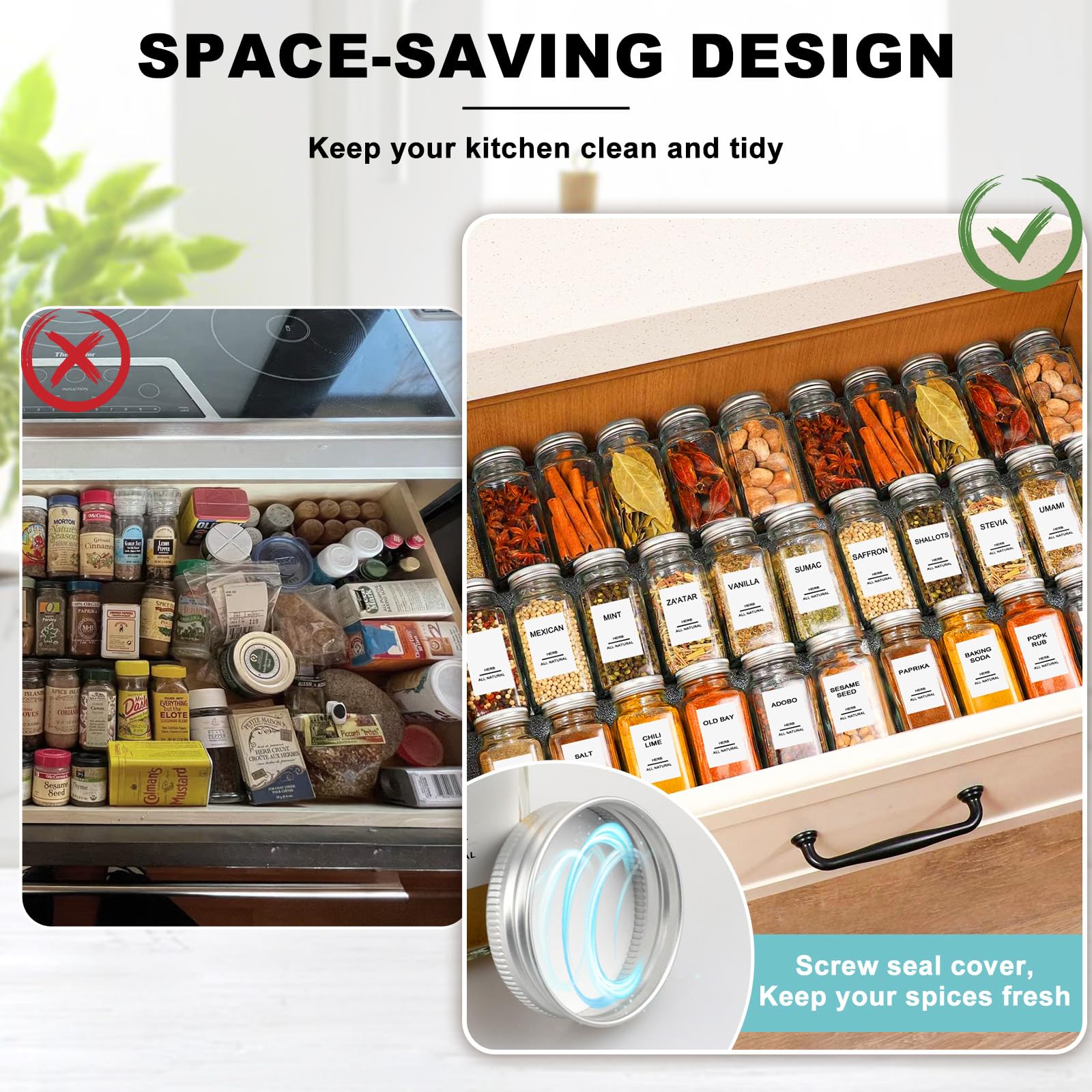 AISIPRIN 24 Pcs Glass Spice Jars with Labels, 4oz Small Empty Square Seasoning Containers Bottles - Shaker Lids, Funnel, Brush,469 Labels and Marker Included