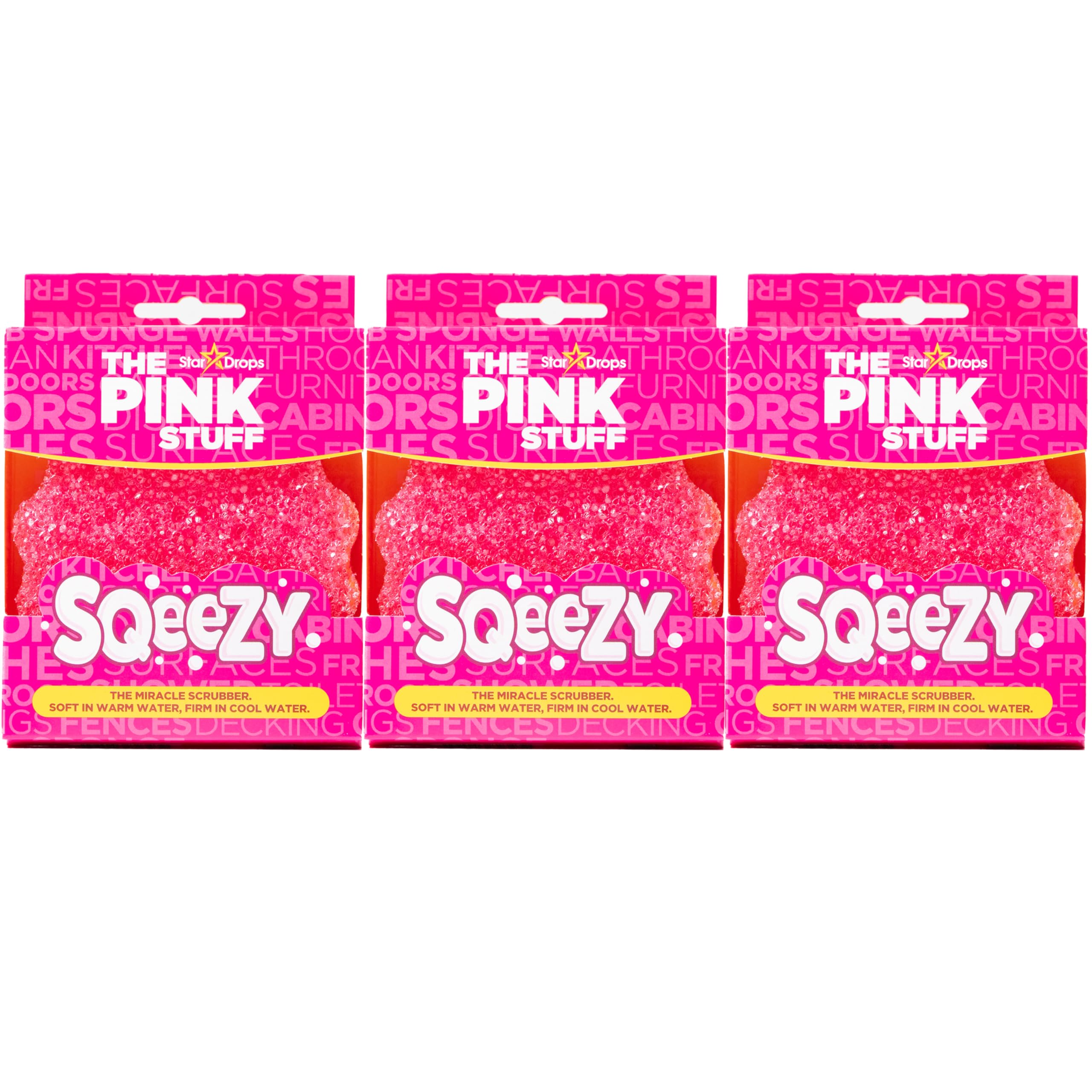 Stardrops – The Pink Stuff – SQeeZY Miracle Scrubber Sponge, Scratch Free Solution for Ultimate Home Cleaning - Perfect for Kitchens, Bathrooms, and Outdoor Use, 3-Pack