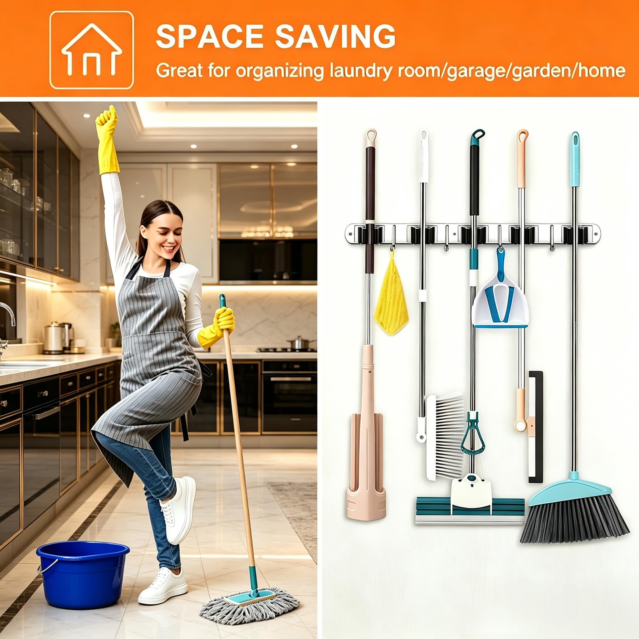 2 Pack Wall Mount Broom Holder Stainless Steel 5 Racks with 4 Hooks Broom Organizer Self Adhesive Heavy Duty Laundry Room, Garage Organization Storage