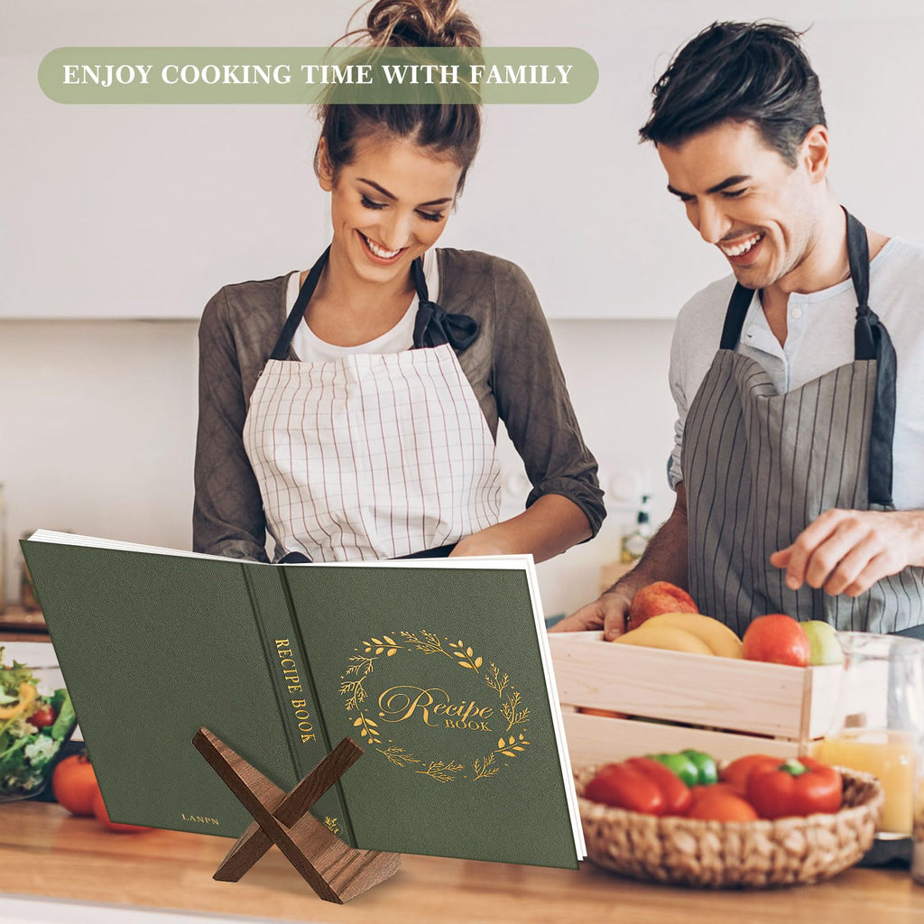 Lanpn B5 Blank Recipe Book Cookbook to Write in Your Own Recipes, Leather Cover Waterproof Empty Cooking Journal for 70 Recipes, Recipe Notebook with Stickers to Organize Your Family Recipes, Green