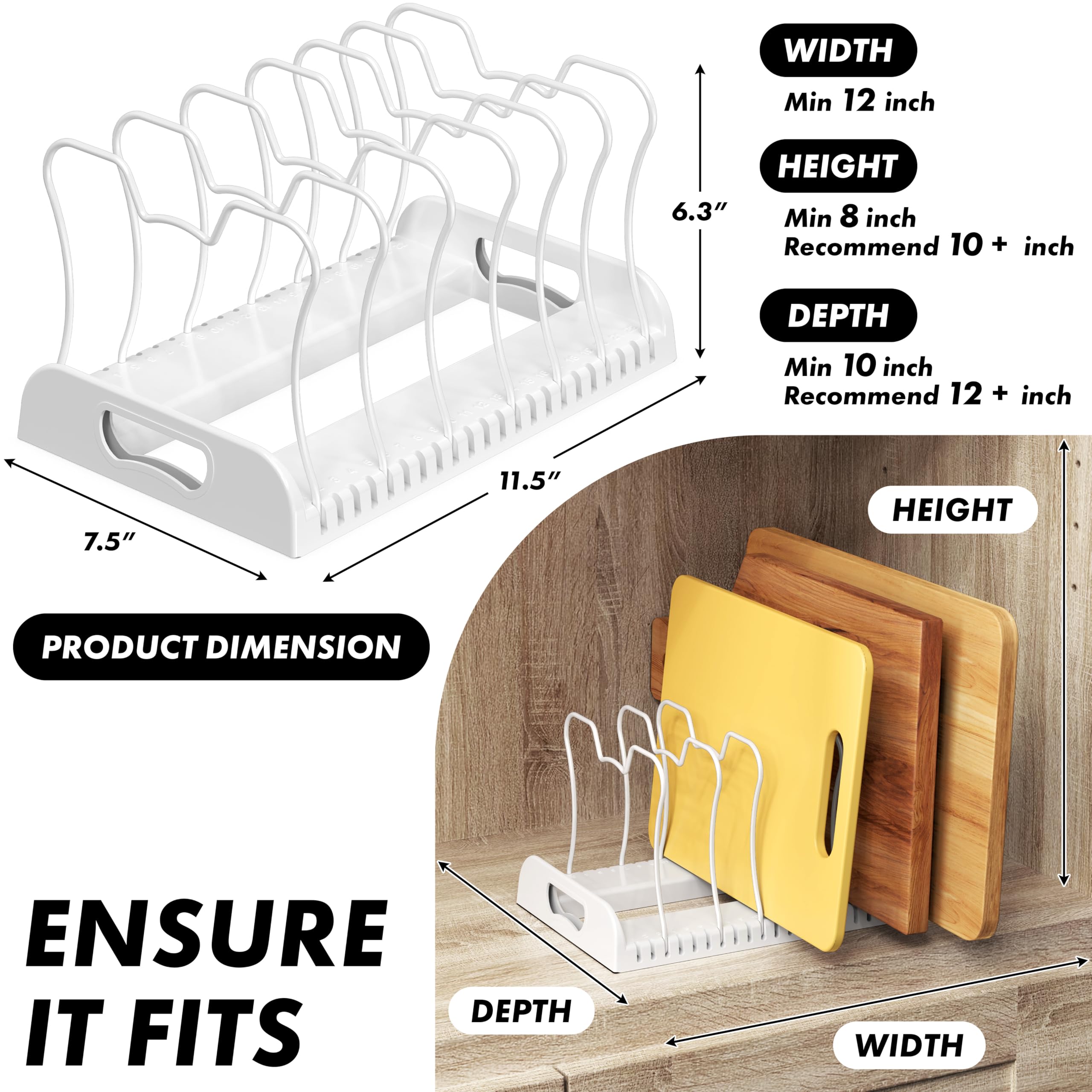 Simple Houseware Adjustable Pot Lid and Pan Organizer Rack - 7-Compartment Kitchen Cabinet & Pantry Storage for Bakeware, Cutting Boards, and Cookie Sheets, White
