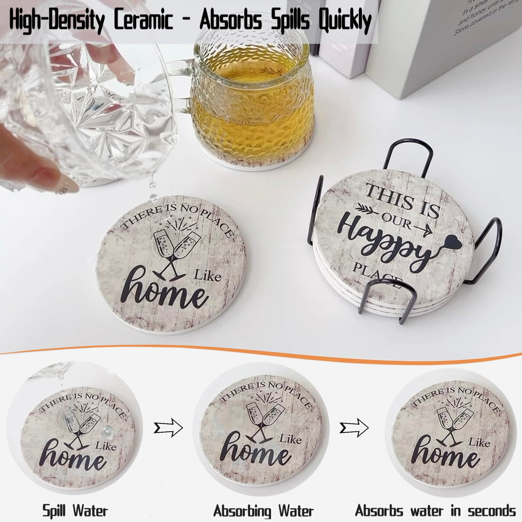 Valdivia 6 Pcs Ceramic Drink Coasters with Blessing Verses, White Marble Style Absorbent Stone Cork Base - 4 Inches Coasters & Metal Holder for Coffee Table, Home Decor Housewarming Gifts