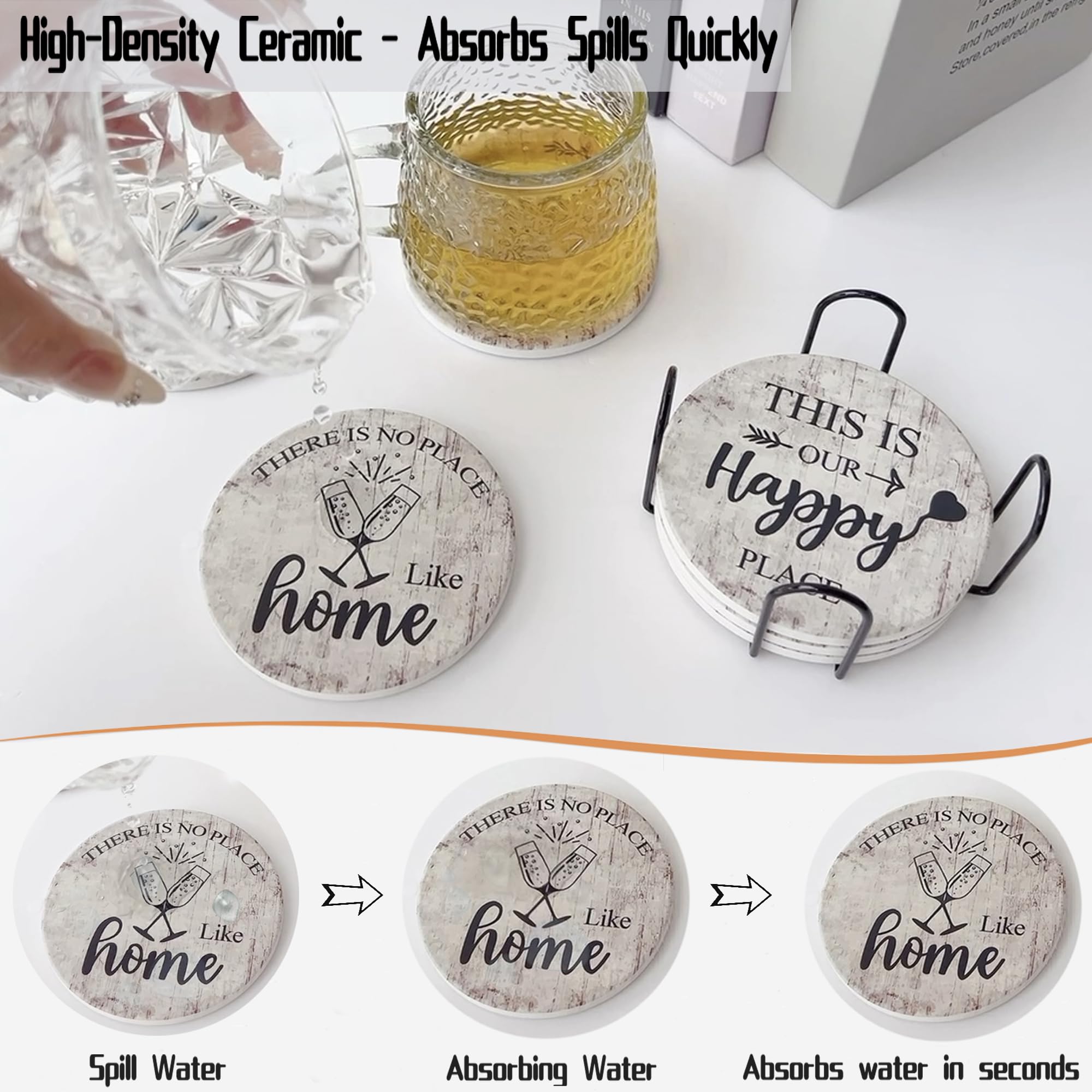 Valdivia 6 Pcs Ceramic Drink Coasters with Blessing Verses, White Marble Style Absorbent Stone Cork Base - 4 Inches Coasters & Metal Holder for Coffee Table, Home Decor Housewarming Gifts