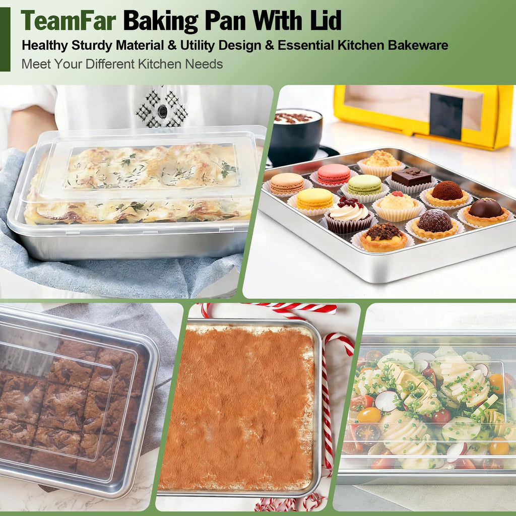TeamFar Lasagna Pan, 12⅖’’ x 9¾’’ x 1.85’’ Stainless Steel Rectangular Cake Brownie Baking Pan with Lid, Non-Toxic & Heavy Duty, Brush Surface & Deep Side, Dishwasher Safe-2 Pans+2 Lids
