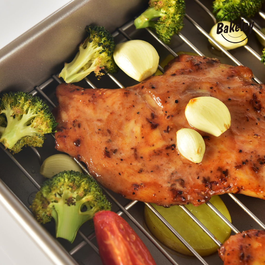 Bakeley 13-inch Baking Sheet Pan with Rack, Non-Stick Rectangular Deep Dish (1 Pan + 1 Rack), Oven-BBQ Bakeware for Oven Baking 13.78" x 9.84" x 2.36" (Champagne Gold)