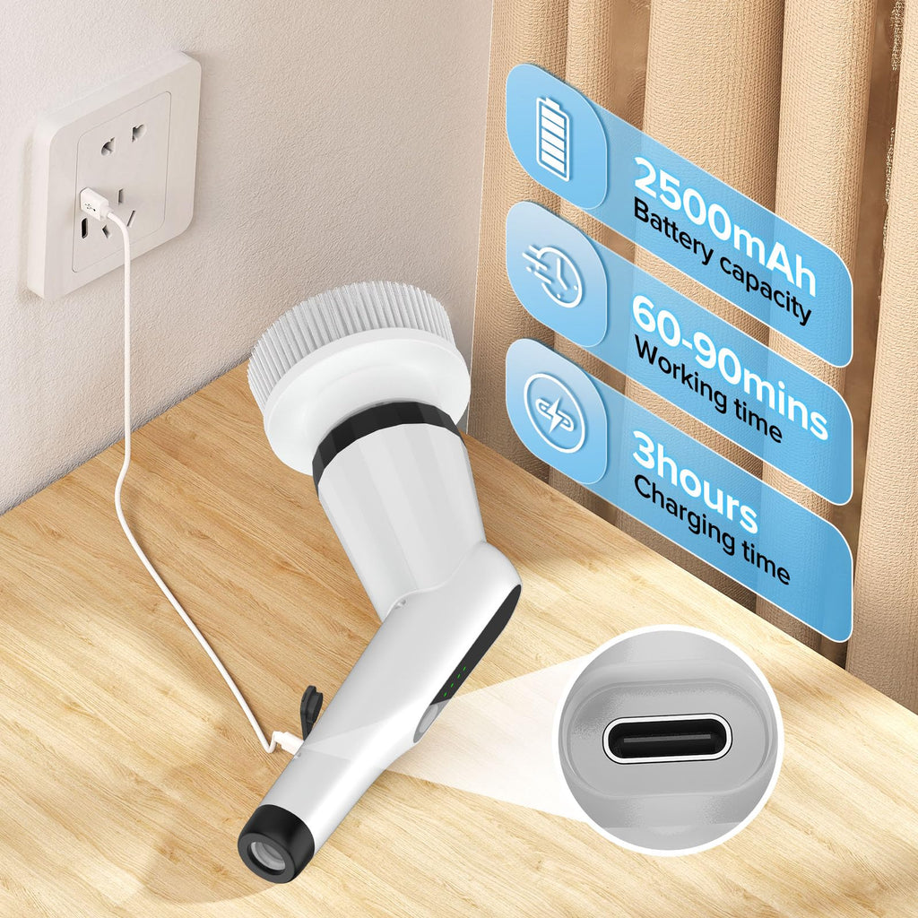 Electric Spin Scrubber, Dreazu IPX7 10-in-1 Bathroom Scrubber， Retractable Handle, 2-Speed Adjustable Shower Cleaner Brush for Bathroom, Bathtub, Kitchen, Tile Floors-White