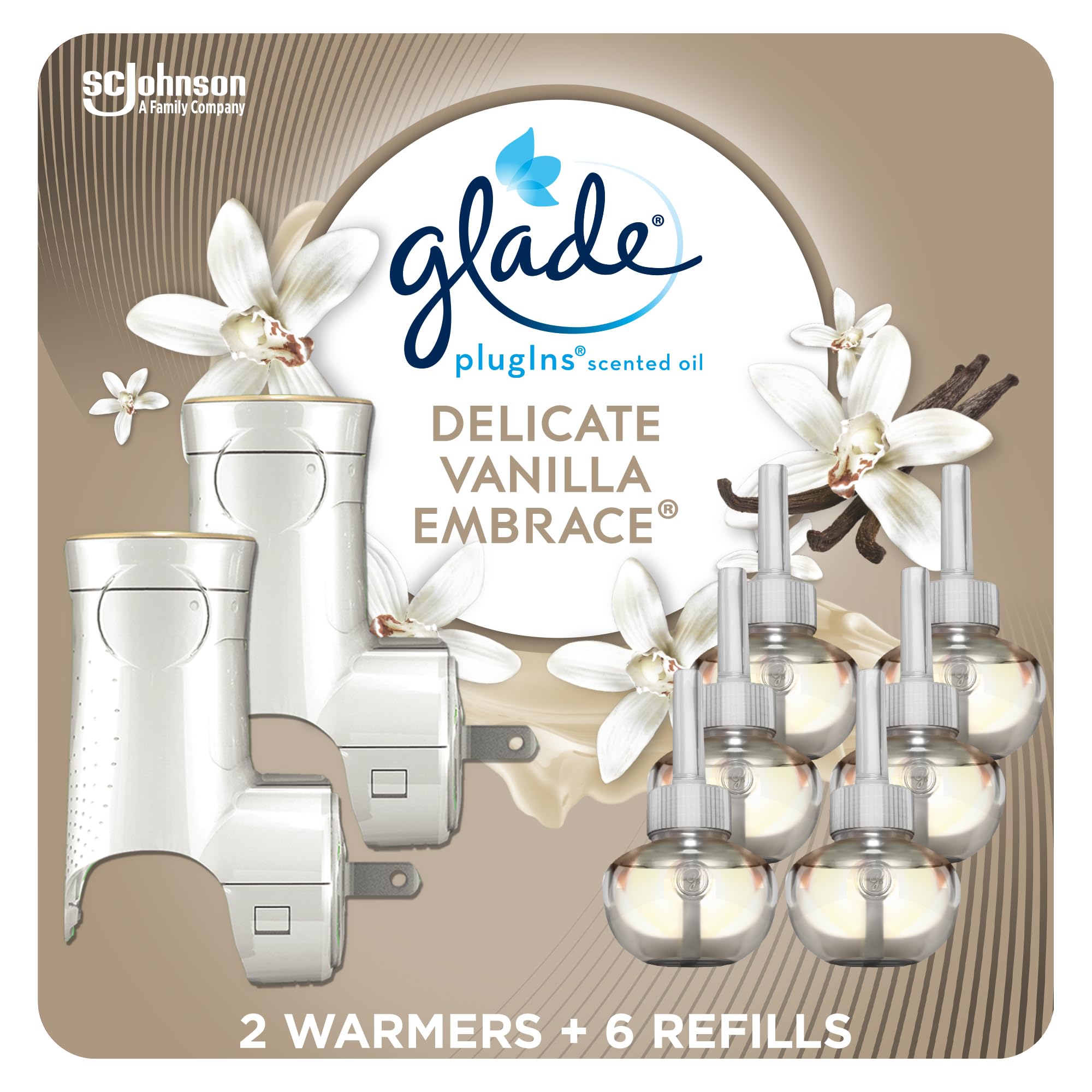 Glade PlugIns Air Freshener Oil Refill Kit, Scented and Essential Oils for Home and Bathroom, Delicate Vanilla Embrace, 2 Warmers + 6 Refills