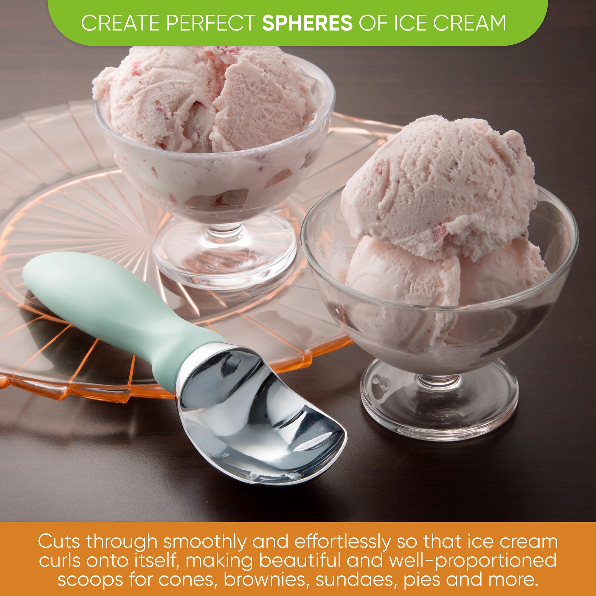 Spring Chef Ice Cream Scoop with Comfortable Handle, Professional Heavy Duty Sturdy Scooper, Premium Kitchen Tool for Cookie Dough, Gelato, Sorbet, Mint