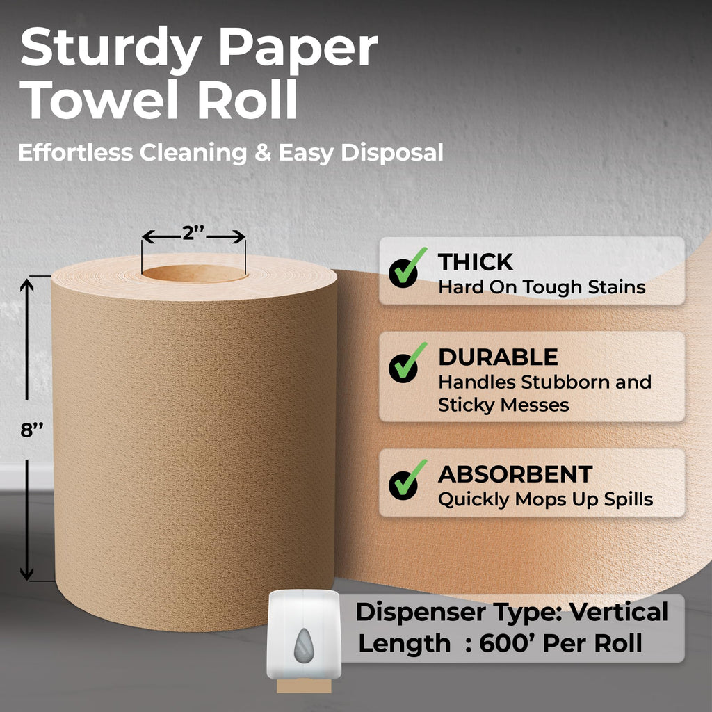 Restaurantware-Paper Towel Roll 600' x 1 Roll Long Paper Towel 8" Wide Hand Towel Roll 1 Ply Universal Dispenser 2" Core Hardwound High Absorbency Everyday Use for Commercial Washroom Kraft