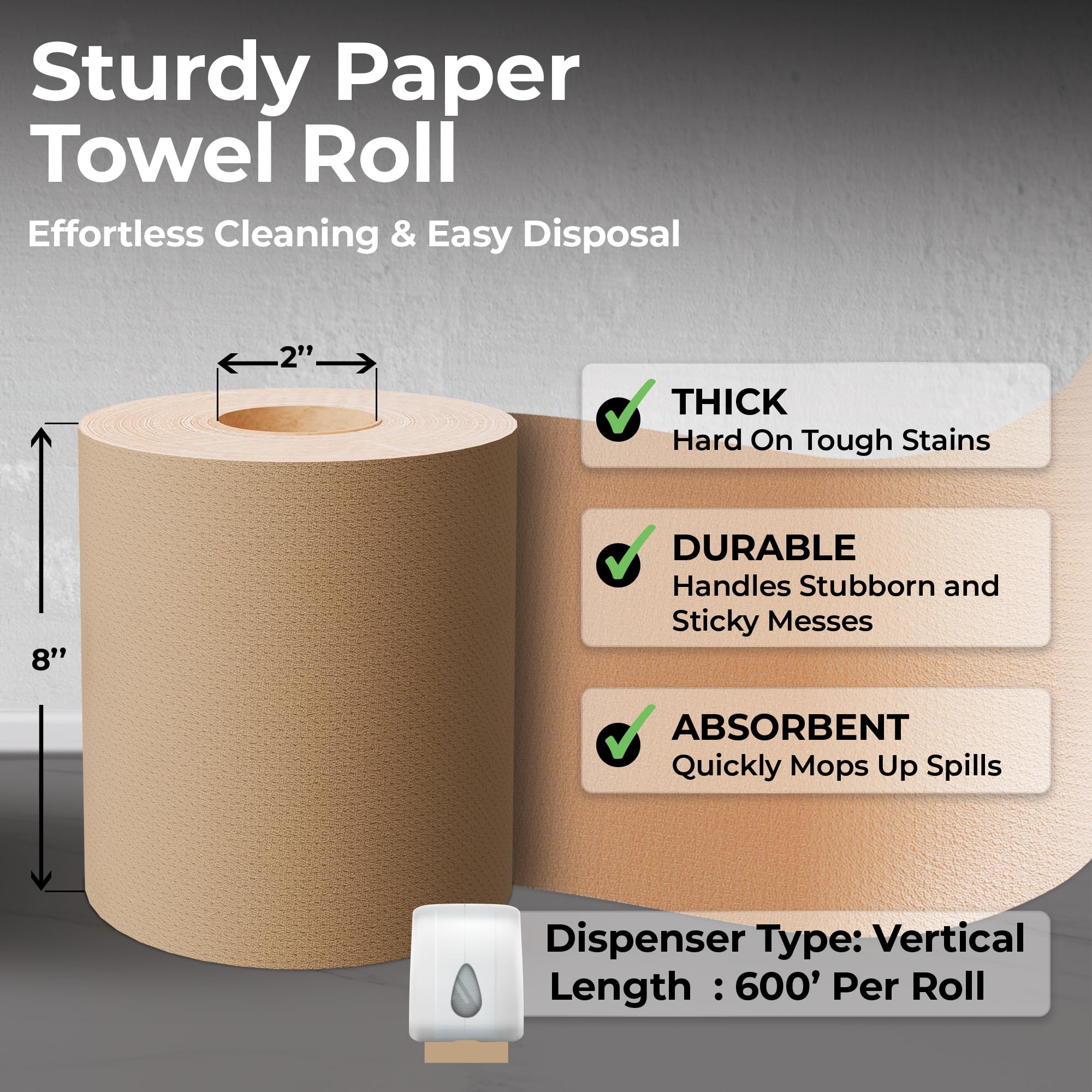 Restaurantware-Paper Towel Roll 600' x 1 Roll Long Paper Towel 8" Wide Hand Towel Roll 1 Ply Universal Dispenser 2" Core Hardwound High Absorbency Everyday Use for Commercial Washroom Kraft