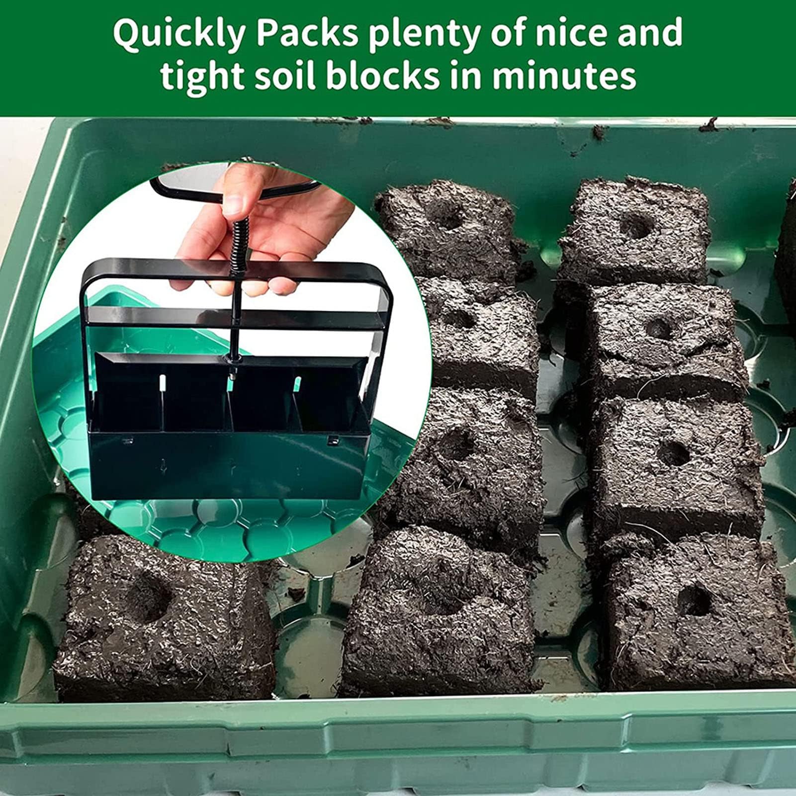 Soil Blocker with Comfortable Handle, 4 Cell Soil Block Maker 2 Inch Mold Blocking Tool for Seed Starting Germination, Grow Seedling No Transplant Shock