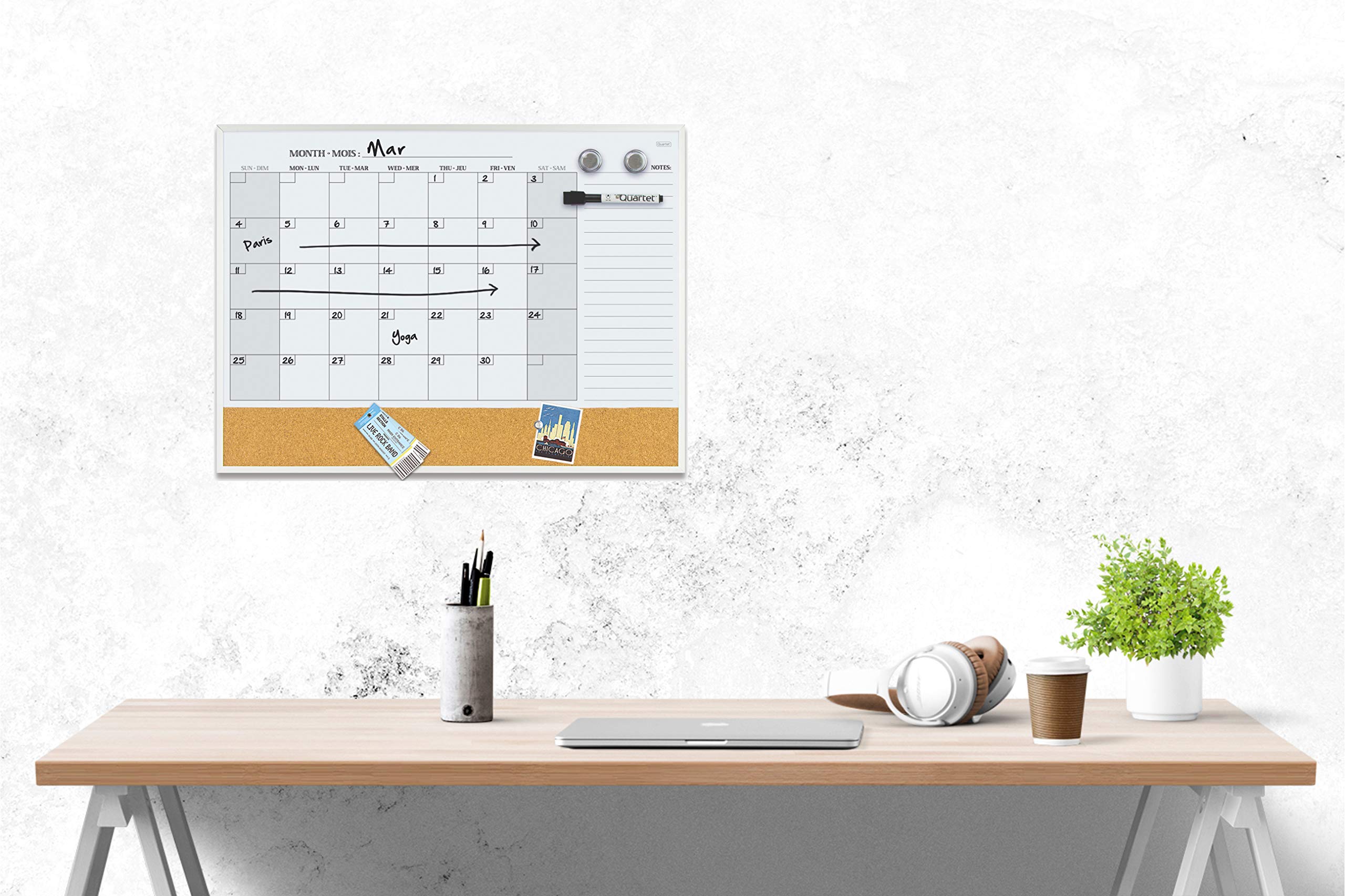 Quartet Slim Magnetic Combination Dry Erase Whiteboard Calendar & Corkboard - 23” x 17" Combo White Board & Cork Bulletin Board - Small Message Board for Wall - White Slim Aluminum Frame (6447415861)