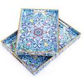 Hiceeden Set of 2 Boho Floral Serving Tray with Handles, 15.7" x 11.8" Decorative Plastic Ottoman Tray, Modern Large Coffee Table Server for Living Room, Bathroom, Rectangle, Blue