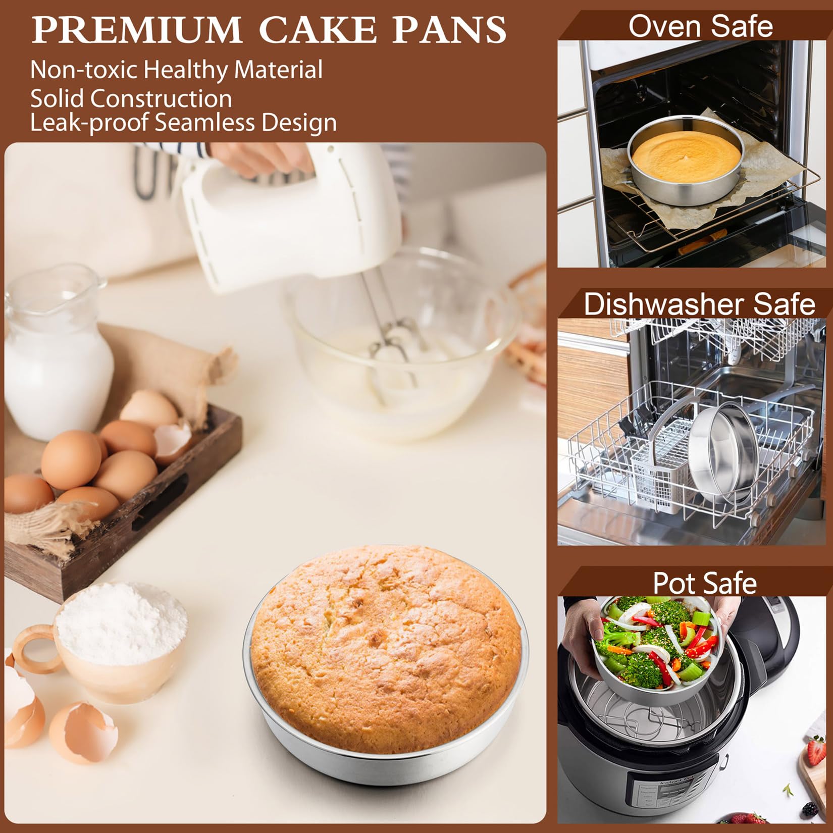 P&P Chef 6 Inch Cake Pans Set of 4, Round Baking Pan, Stainless Steel Birthday Wedding Metal Layer Cake Pans, Non Toxic & Healthy, Mirror Polished & Dishwasher Safe