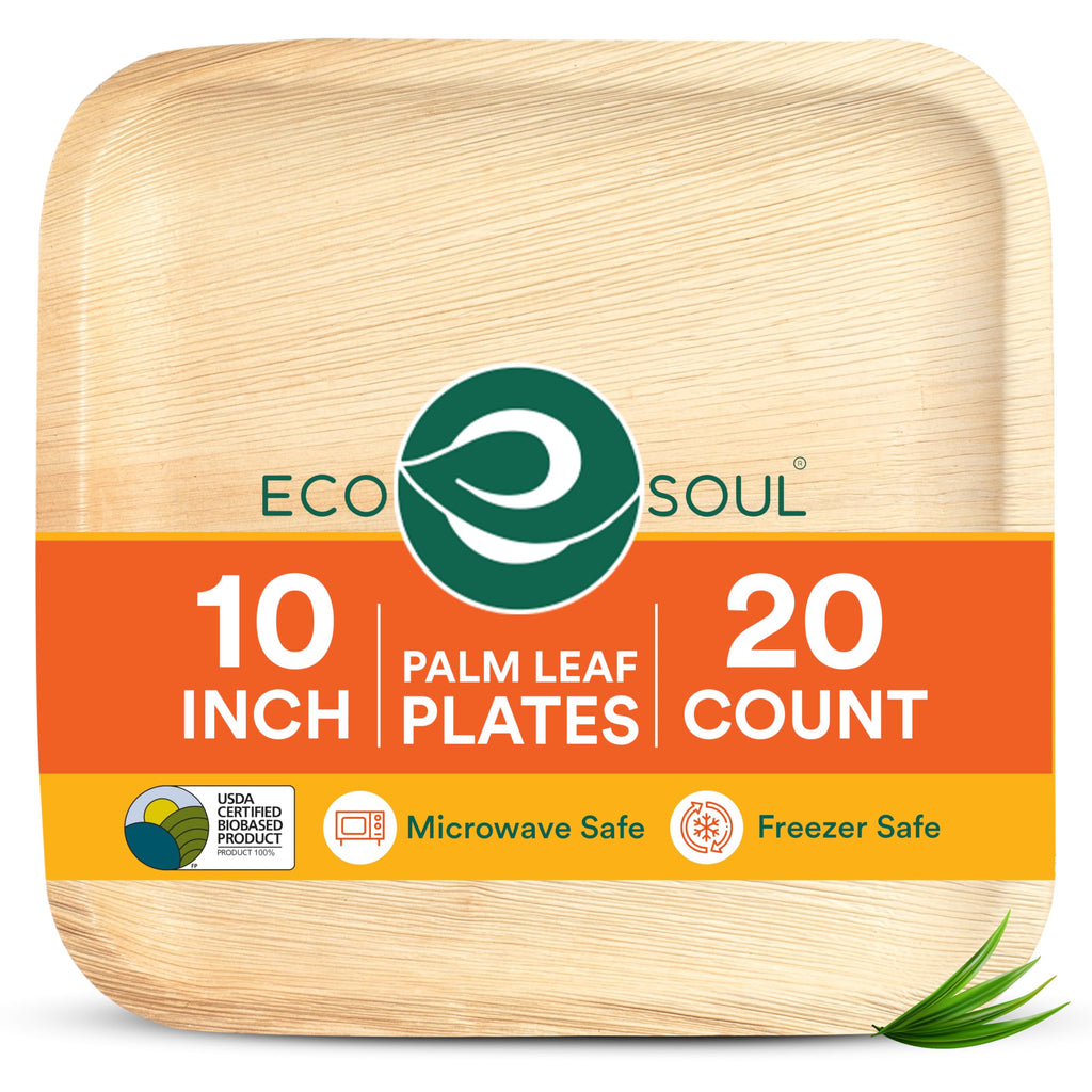 ECO SOUL 10 Inch Disposable Palm Leaf Plates [20 Pack] Premium Food-Safe Heavy Duty Compostable Bamboo Paper Plates for Lunch, Dinner, Birthday, Weddings, Party, Camping & Catering Events [Square]