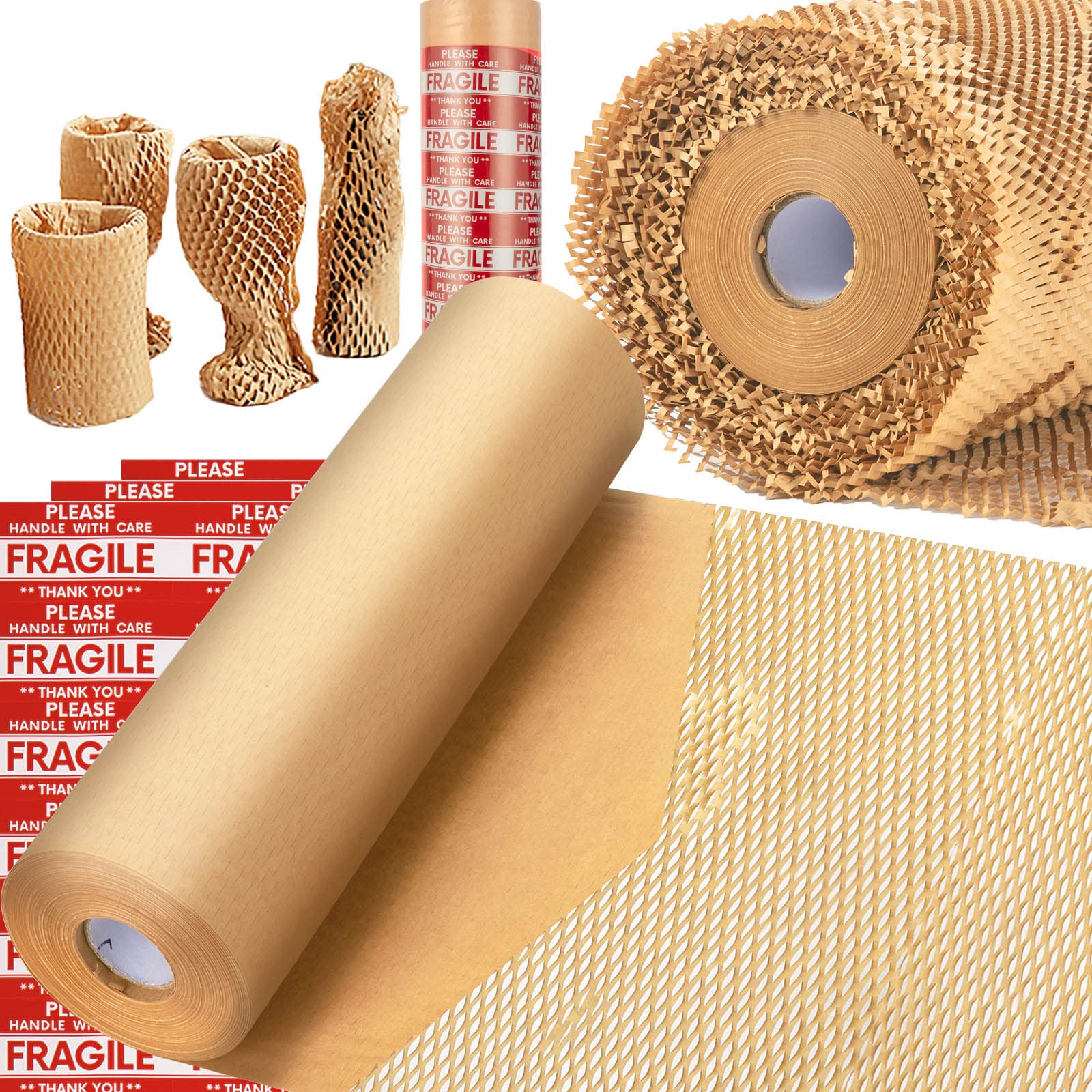 Honeycomb Packing Paper, MINHAO 15"x230' Eco Friendly Packing Paper for Moving Recyclable Honeycomb Paper Moving Supplies Bubble Wrapping Protective Roll, With 36 Fragile Sticker Labels