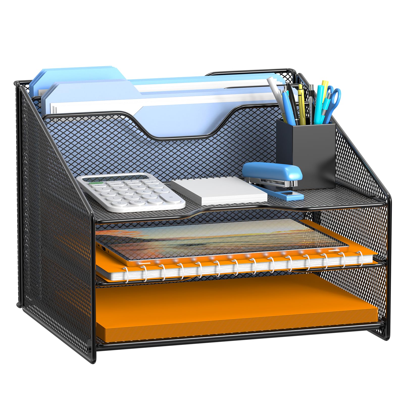 Samstar Mesh Desk File Organizer Letter Tray Holder, Desktop File Folder Holder with 3 Paper Trays and 2 Vertical Upright Section, Black.