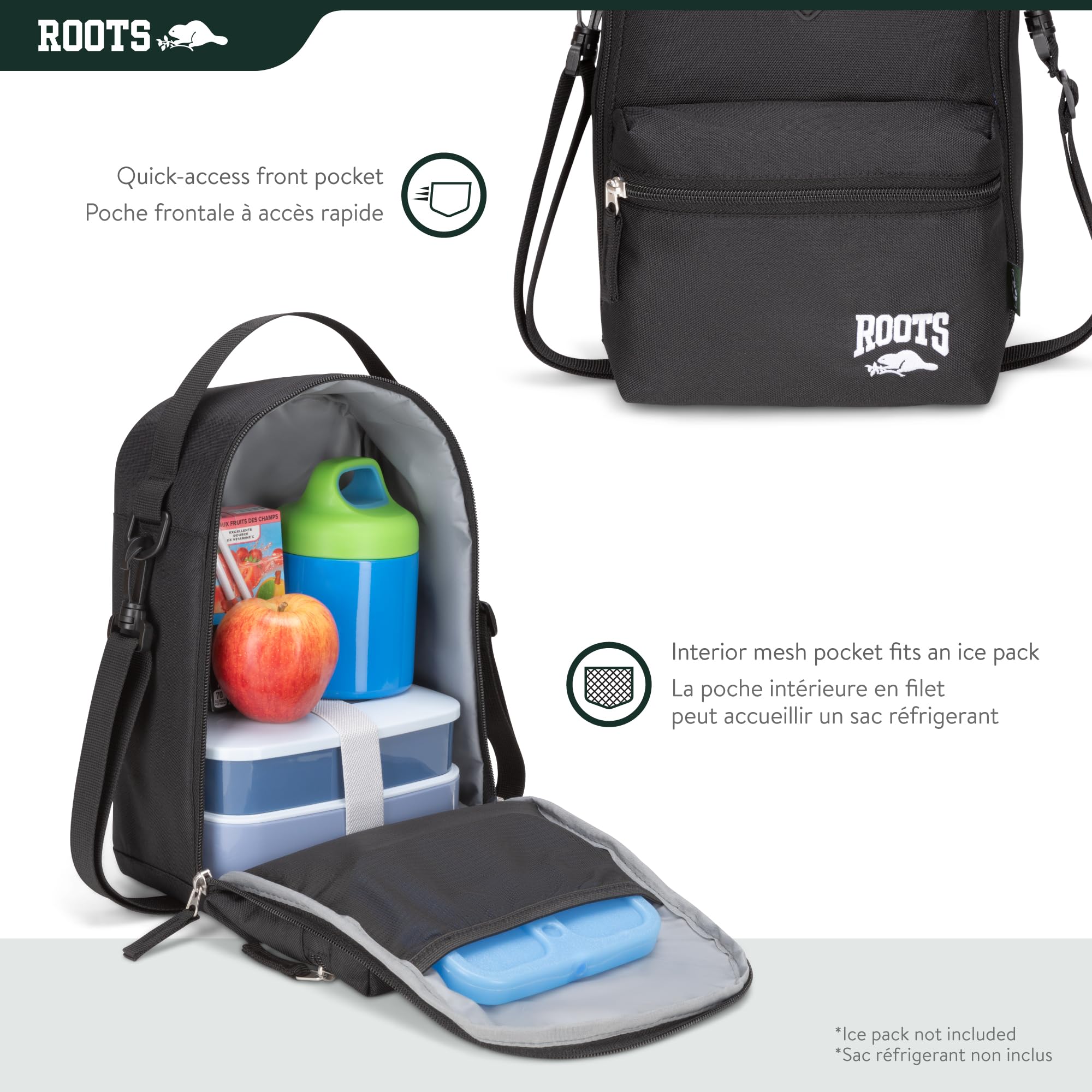 Roots Insulated Lunch Bag – Made from Recycled Polyester, with Exterior ID Label, Adjustable Shoulder Strap & 2 Zippered Compartments – 7L, Black