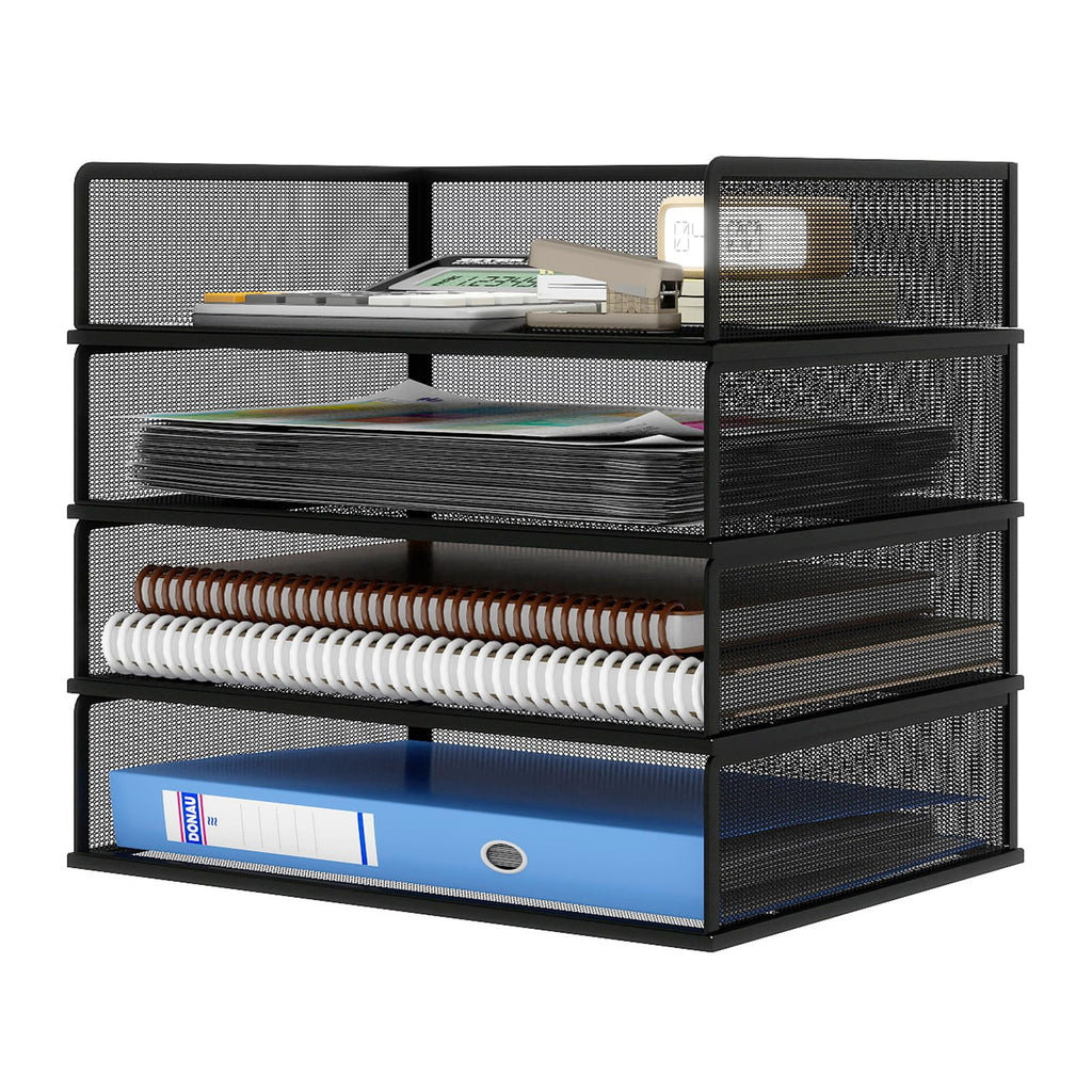 Natwind 4 Tier Stackable Paper Trays for Letter Documents, Desktop File Organizers for Office Supplies, Metal Mesh Desk Organizer，Office Organizer，Letter Trays for Home, Office, School，Black
