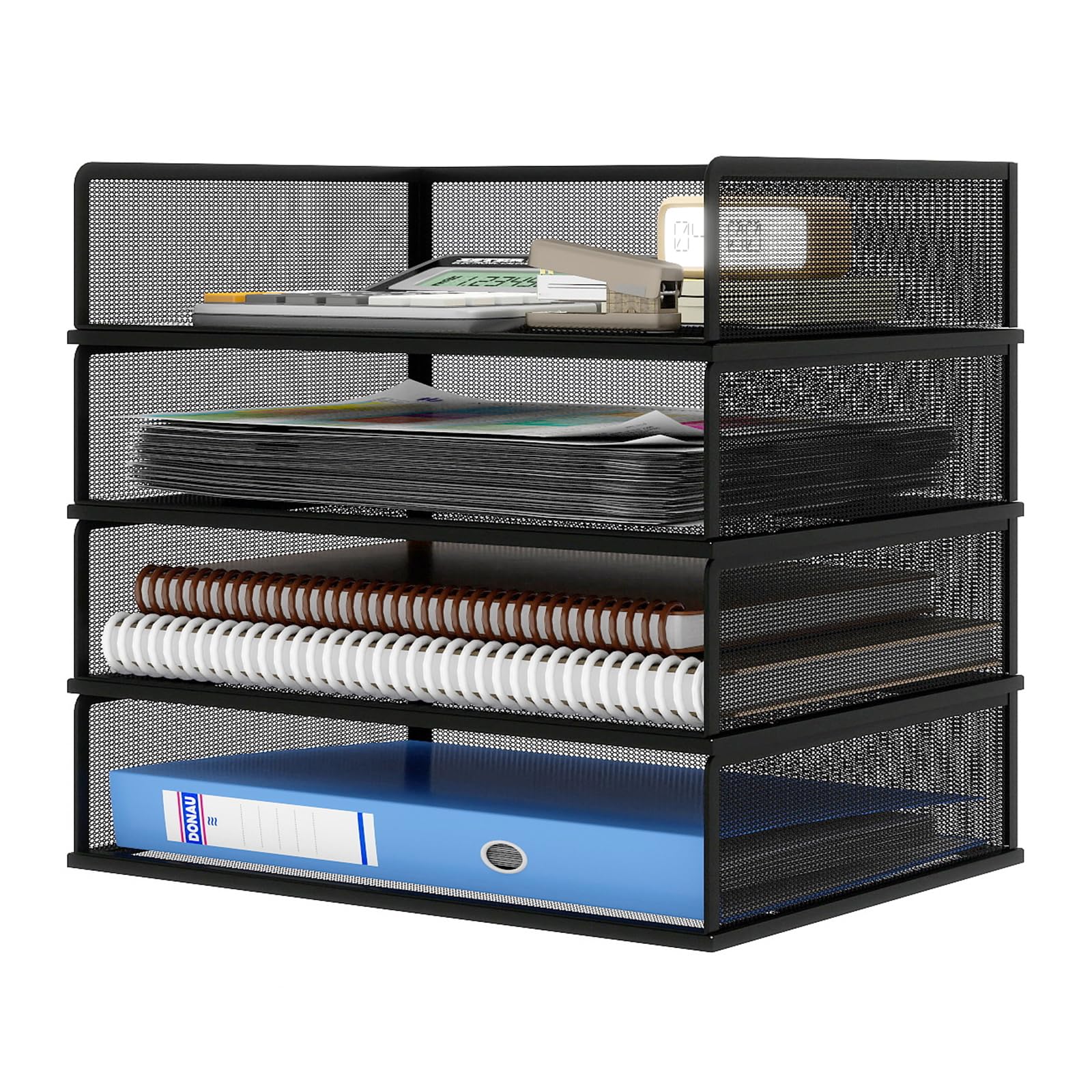 Natwind 4 Tier Stackable Paper Trays for Letter Documents, Desktop File Organizers for Office Supplies, Metal Mesh Desk Organizer，Office Organizer，Letter Trays for Home, Office, School，Black