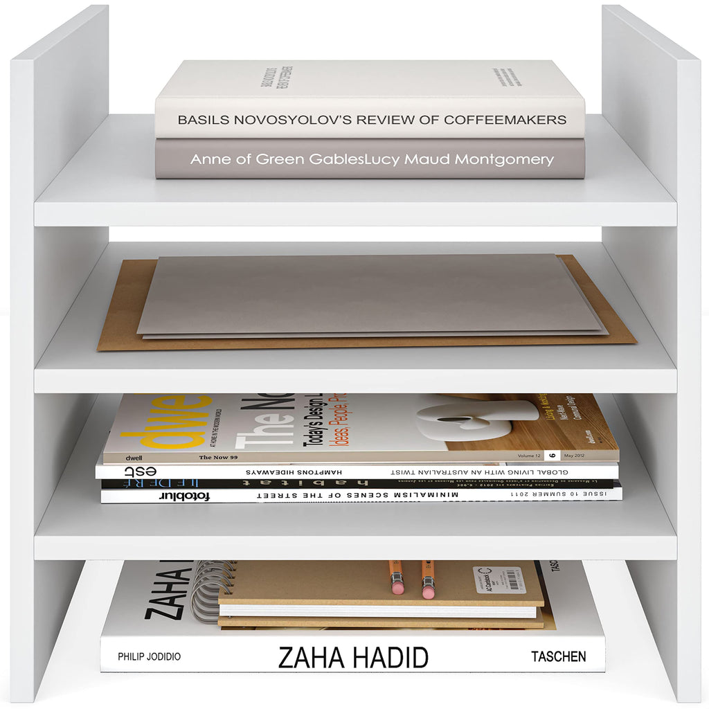 Ballucci 4-Tier Paper Sorter and File Organizer for Desk, Wood Mail Sorter, Fits into IKEA Kalax and ClosetMaid Cube Storage Shelves, Paper Tray, Mail Holder Stand for Classroom, Office, White