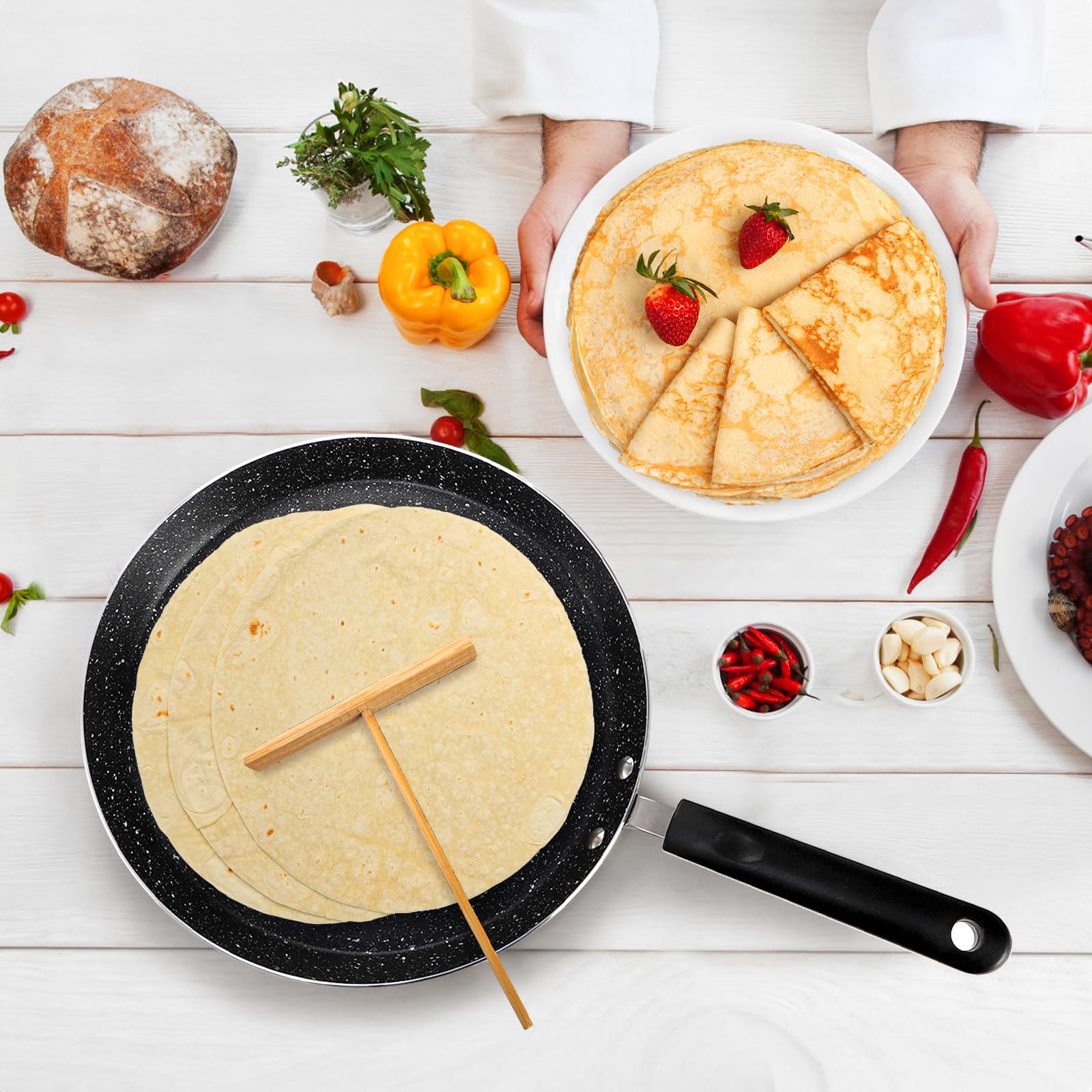 WRINGKIT 10 Inch Nonstick Crepe Pan with Spreader, Flat Skillet Tortilla Pan with Granite Coating, Round Griddle Pancake Pan with Stay-Cool Handle, Induction Compatible, PFOA Free