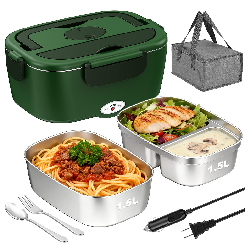 Electric Lunch Box for Adults – 80W Fast Heating Portable Food Warmer for Car, Truck & Office – Heated Lunch Box with 1.5L SS Containers, Leak-Proof Lonchera Eléctrica Portátil (GN)