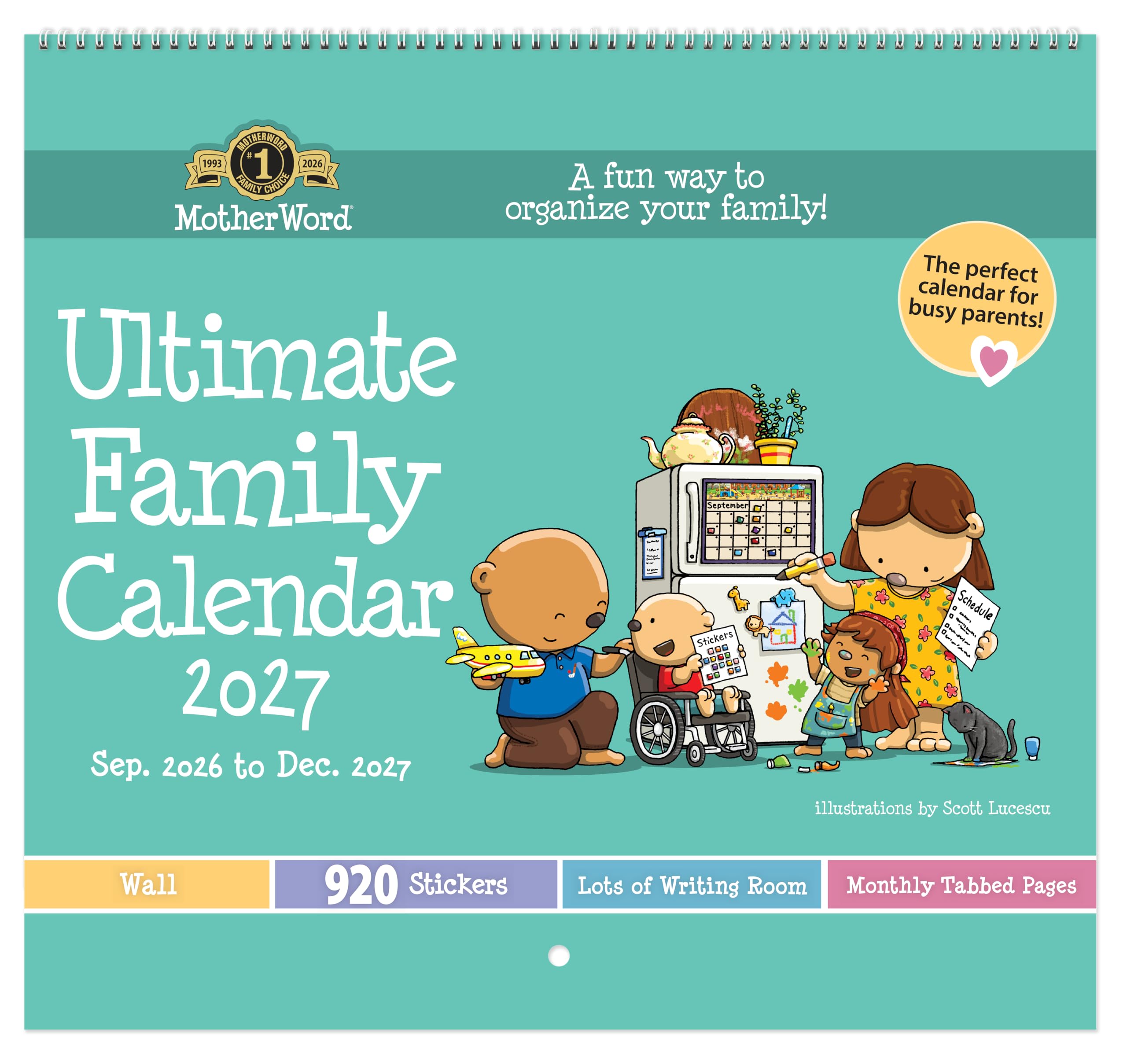 2027 MotherWord Ultimate Wall Calendar, 16-Month Family Planner, Sept 2026-Dec 2027, English, Tabbed Version, 12" x 21.5" (DDTB112827)