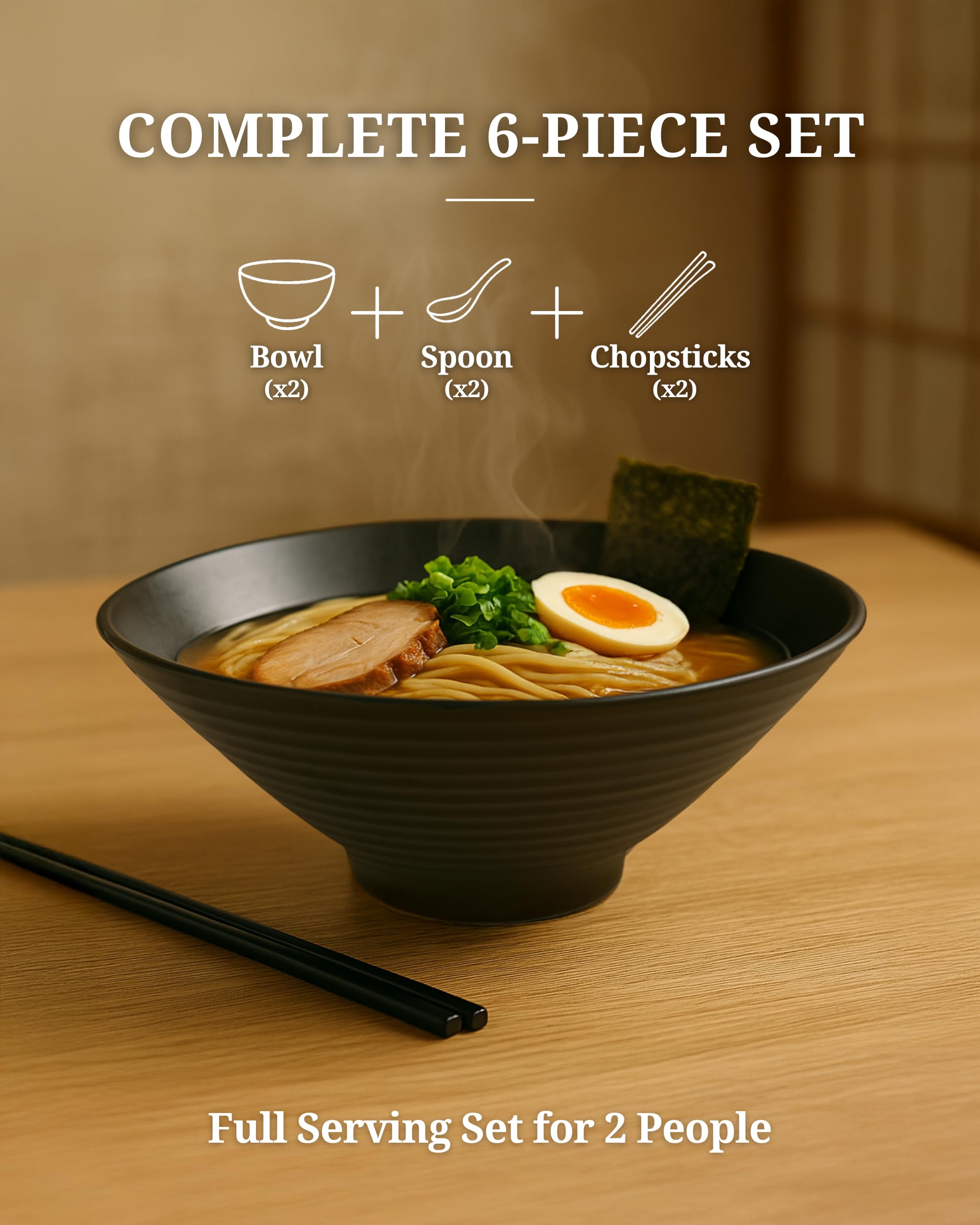 2 Sets 1700 milliliters Large Japanese Ramen Noodle Soup Bowl Dishware Ramen Bowls Set with Matching Spoon and Chopsticks for Udon Soba Pho Asian Noodles (2, Black, 23 Centimeters)