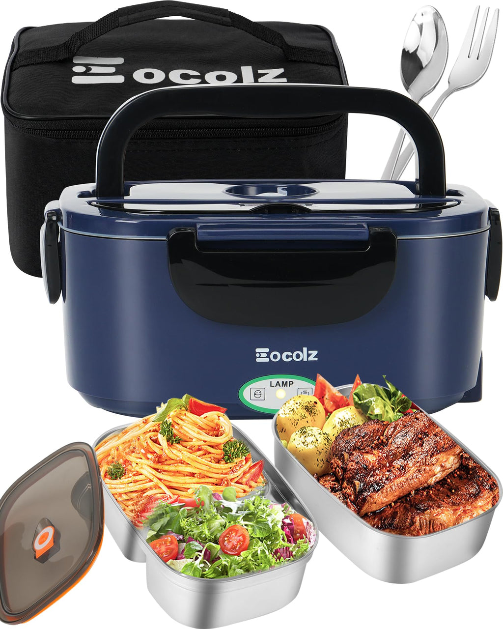 Electric Lunch Box Food Heater - 100W Fast Heating Lunch Box 12V/24V/110-230V Warming Lunchbox, Dual 1.5L Containers, Portable Food Warmer for Car/Truck/Travel, with Spork & Insulated Carry Bag