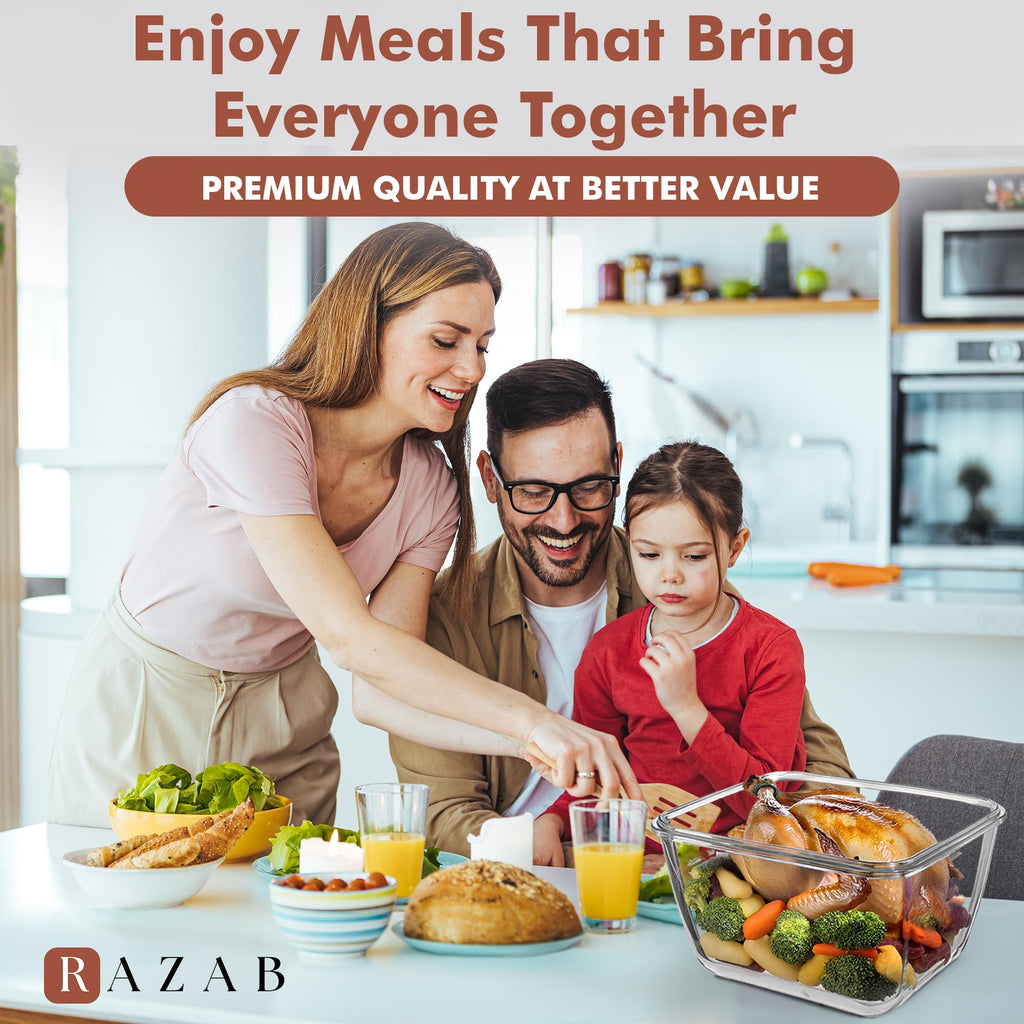 Razab 17 Cups / 132 Oz / 3900ml Large Glass Container Food Storage with Lids - Leakproof, BPA-Free Large Meal Prep Container Ideal for Roasting Turkey, Store Leftover - Microwave & Oven Safe