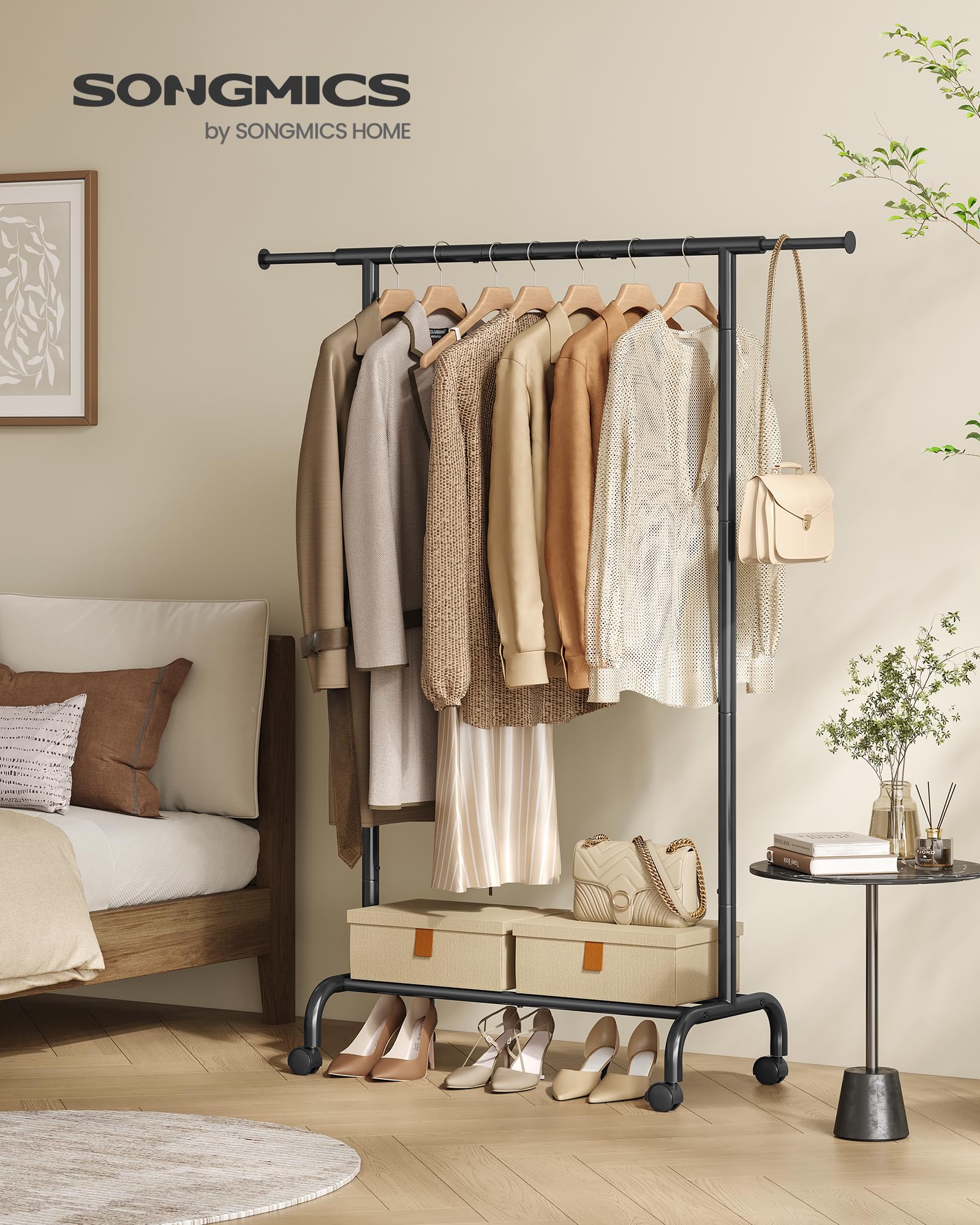SONGMICS Clothes Rack, Single Clothing Rack, Garment Rack with Extendable Hanging Rails and Wheels, Heavy-Duty Metal Frame, 99 lb Total Max. Load, 32.7-47.2 Inches Wide, Ink Black UHSR134B01