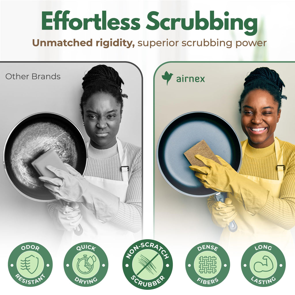 AIRNEX 24 Pack Kitchen Pot Scrubber - Coconut Dish Scrubbers w/Non Scratch Scrubbing Pad - Dual Sided Dish Scouring Pads for Pots, Pans & Kitchen Cleaning