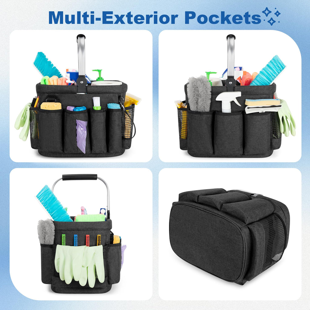 PGmoon Cleaning Caddy Organizer with Handle, Cleaning Tote Bag with Multiple Pockets for Cleaning Supplies, Products Storage, Housekeepers, Car Cleaning, Black