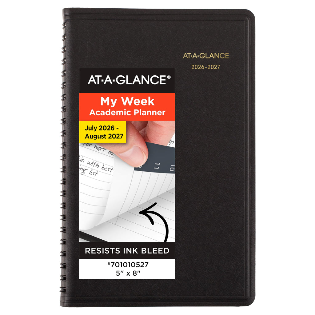 AT-A-GLANCE Planner 2026-2027 Weekly Academic 14-Month July-August Hourly Appointment Book, 5" x 8", Black (7010105)