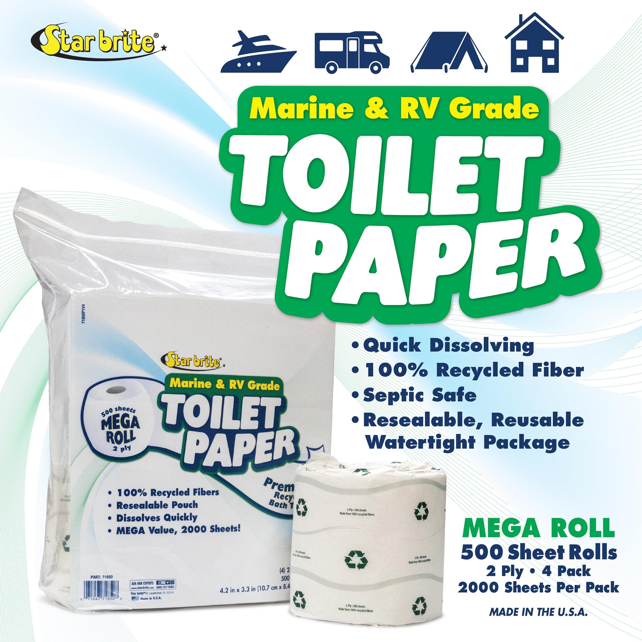 Star brite 071850 Toilet Tissue Marine/RV 2ply (500/S), 4 Pack