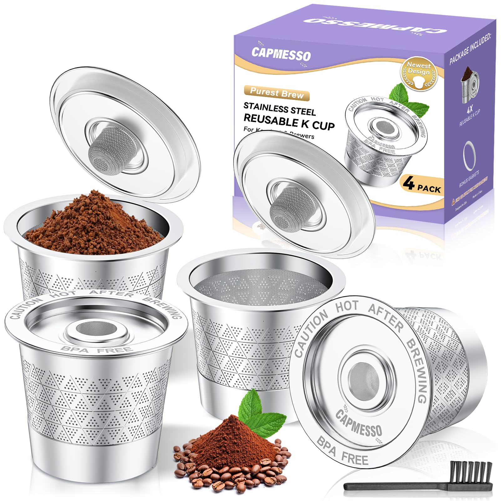 CAPMESSO Reusable K Cups for Keurig: Stainless Steel Refillable K Cup - Reusable Coffee Filter for Keurig 1.0 Coffee Maker, Permanent, Eco-Friendly, Innovative Design (4* Dual-mesh Reusable k Cups)