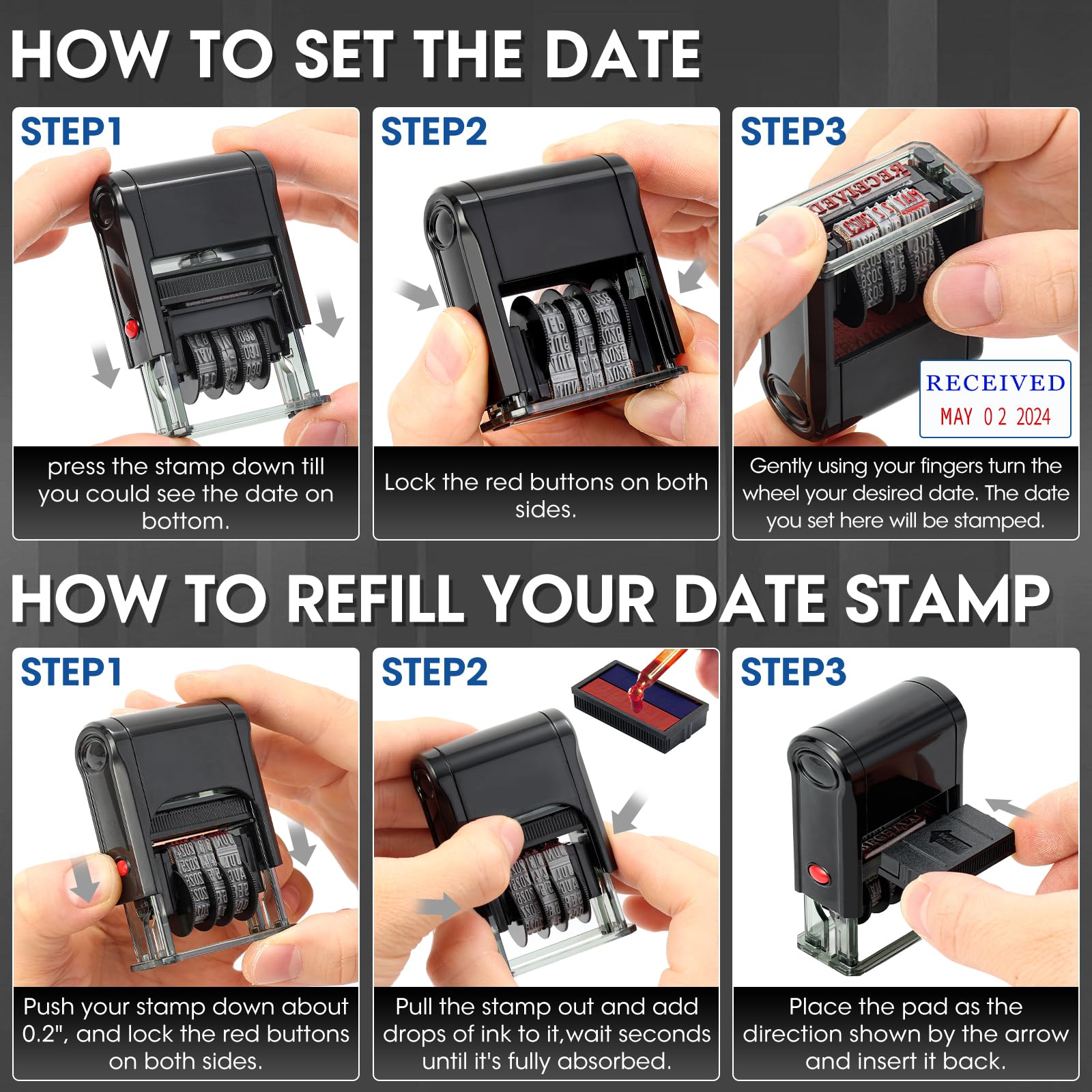 Toplusesse Received Stamp with Date Self Inking Received Date Stamp for Business 12-Year Band Blue&Red Ink