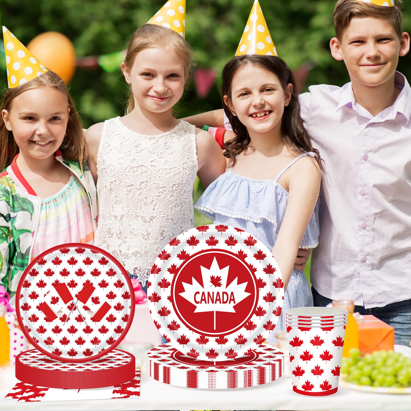 SINGOMON 96PCS Canadian Flag Plates and Cutlery Set Canada Day Dinnerware Set Dinner Plates Disposable Paper Plate Party Cups Paper Napkins for 1th of July Canadian National Day Canada Day Decorations