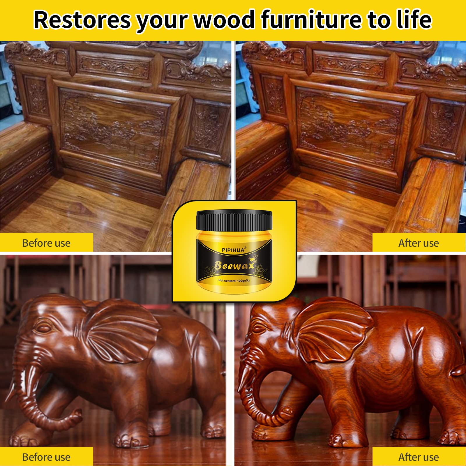 PIPIHUA Beeswax Furniture Polish, Wood Seasoning Beeswax for Furniture Waterproof & Repair Wood Wax for Floors Cabinets to Protect & Care, 4pcs Wax Polish with 8pcs Sponges