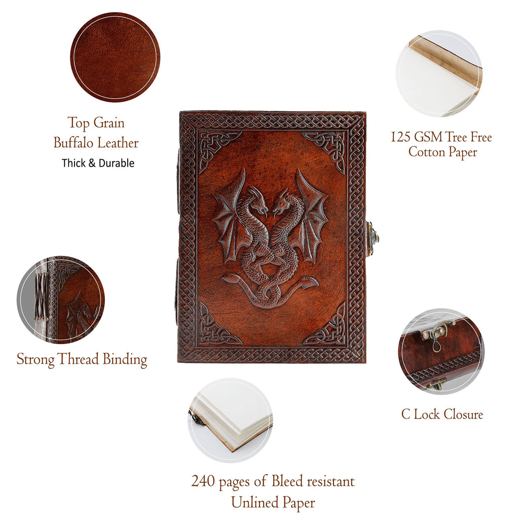 Handmade Leather Double Dragon Journal/Writing Diary/Bound Daily Notepad for Men & Women Unlined Paper Medium, Writing pad Gift for Artist, Sketch (8 x 6, Brown)