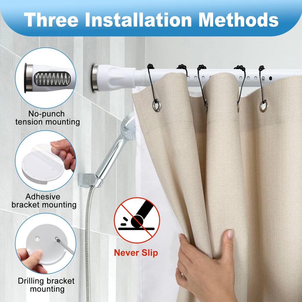 White Tension Curtian rod no drill, 42 to 115 inch Adjustable Heavy Duty black shower curtain rod for Windows bathroom Closet