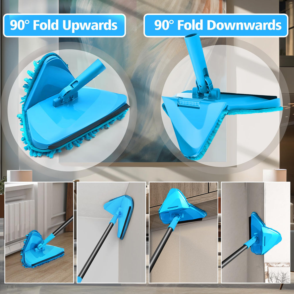 NEWE Wall Mop Cleaner with 80 inches Long Handle, 180° Folding Ceiling Cleaning Tool with Squeegee for Washing Painted Walls, Triangle Baseboard Scrubber 4 Chenille Duster and 2 Microfiber Pads
