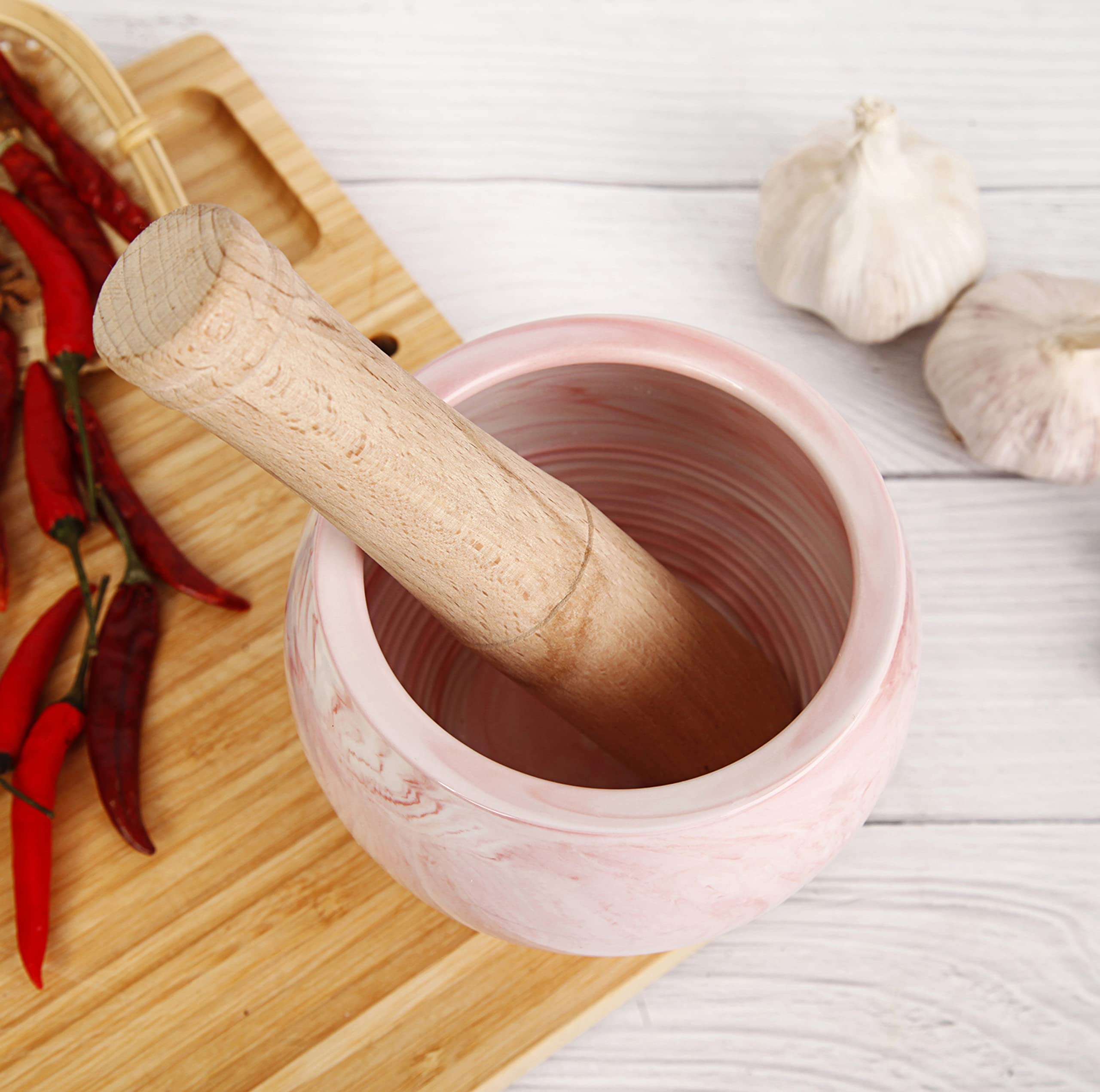 Mortar and Pestle Set- Ceramic Kitchen Mortar and Pestle for Spices, Herbs & More- Durable Mortar with Anti-Slip Base and Sturdy Wooden Pestle with Finest Grinding Ability- 2.6 Cups Capacity