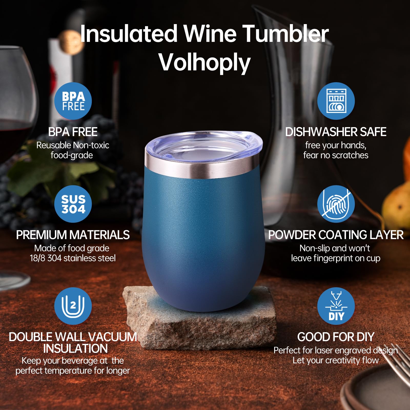 Volhoply 12oz Stainless Steel Wine Tumbler with Lid Bulk 4 Pack,Double Wall Vacuum Stemless Wine Glasses,Reusable Metal Travel Coffee Mug with Straw,Insulated Cup Gifts for Christmas（Assorted,4 Set）