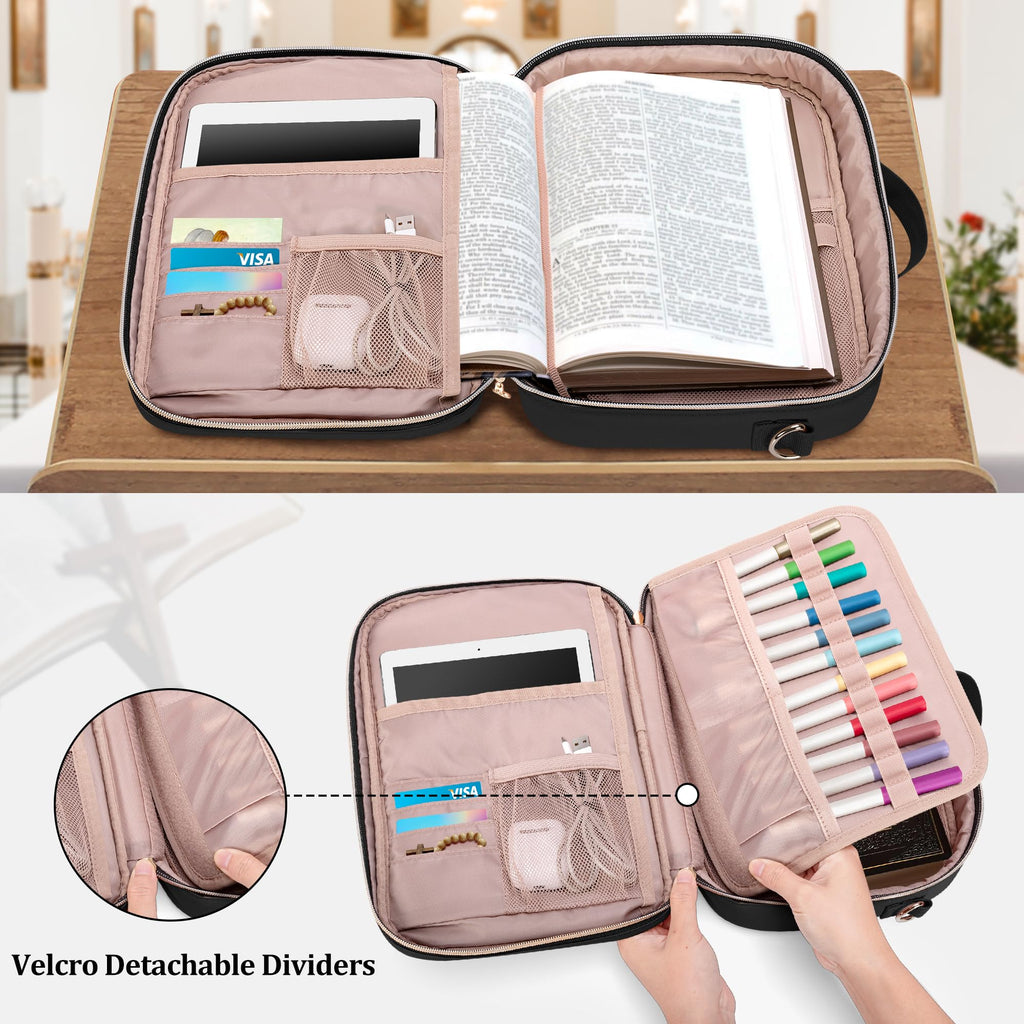 Teamoy Bible Cover for Men Women, Large Bible Book Cover Church Bag Carrying Case with Shoulder Strap and Detachable Pen Slots, Black Quilted