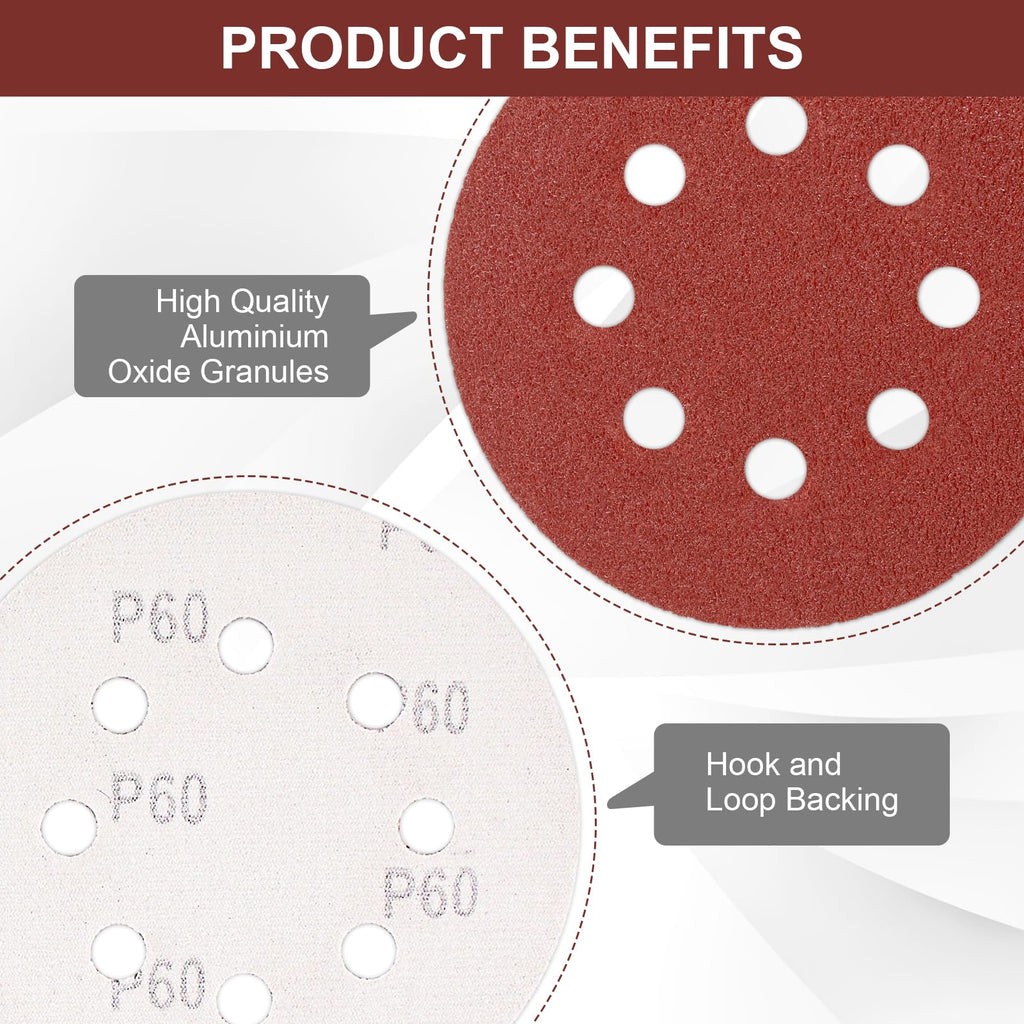 VFINE 100 PCS 5 Inch Sanding Disc 80 Grit, 8 Hole Sandpaper Hook and Loop Sanding Pads Round Orbital Sandpaper for Random Orbital Sander