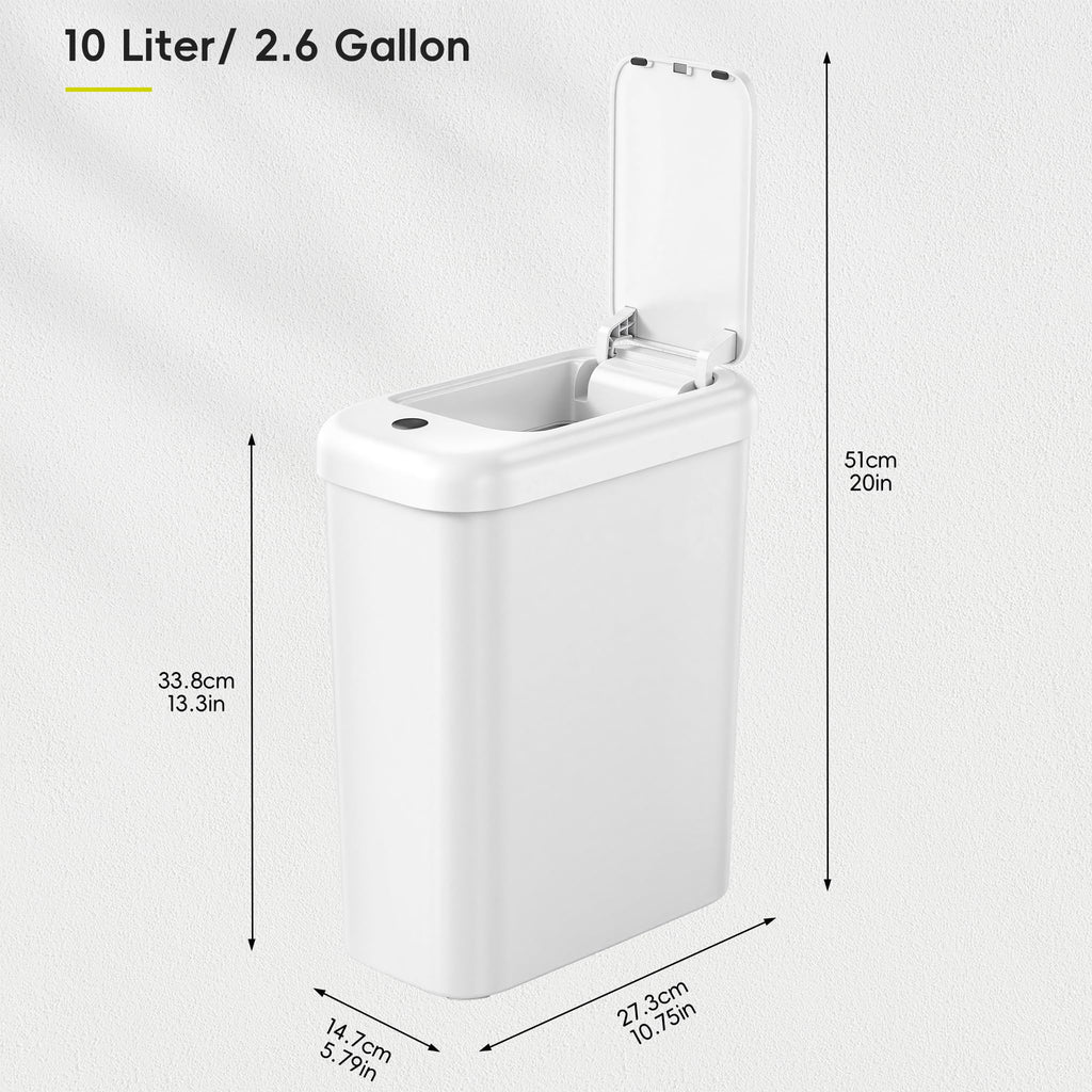 EKO Automatic Bathroom Trash Can with Lid, 2.6 Gallon Slim Touchless Garbage Can, Waterproof Motion Sensor Trash Bin for Bathroom, Office, Kitchen, White