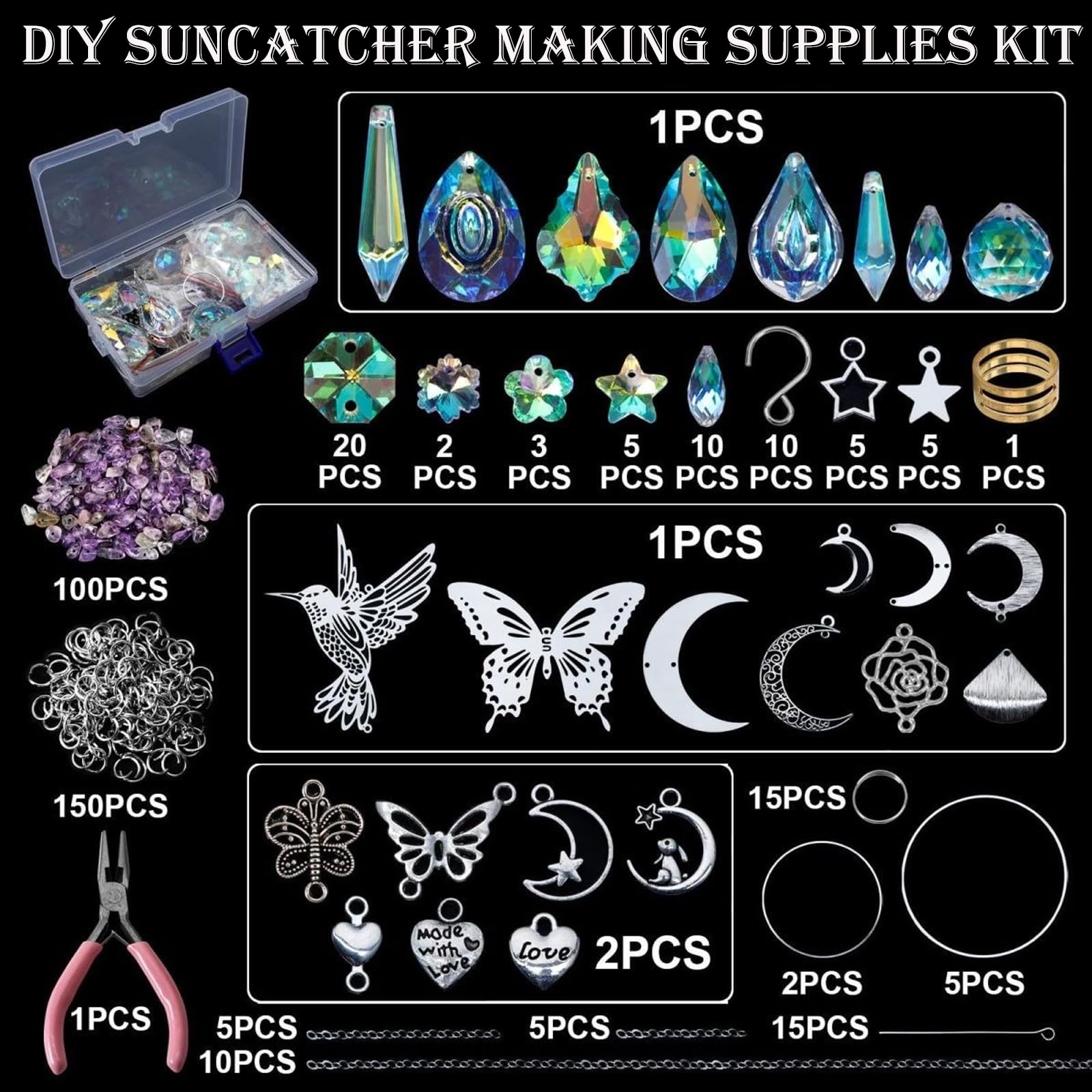 MYLEUS 400 Pcs DIY Suncatcher Kit for Adults, Crystal Sun Catchers Making Supplies with Hooks, Hanging Prism Suncatcher with Crystals Rainbow for Indoor Window Home Wedding Garden Christmas Decor